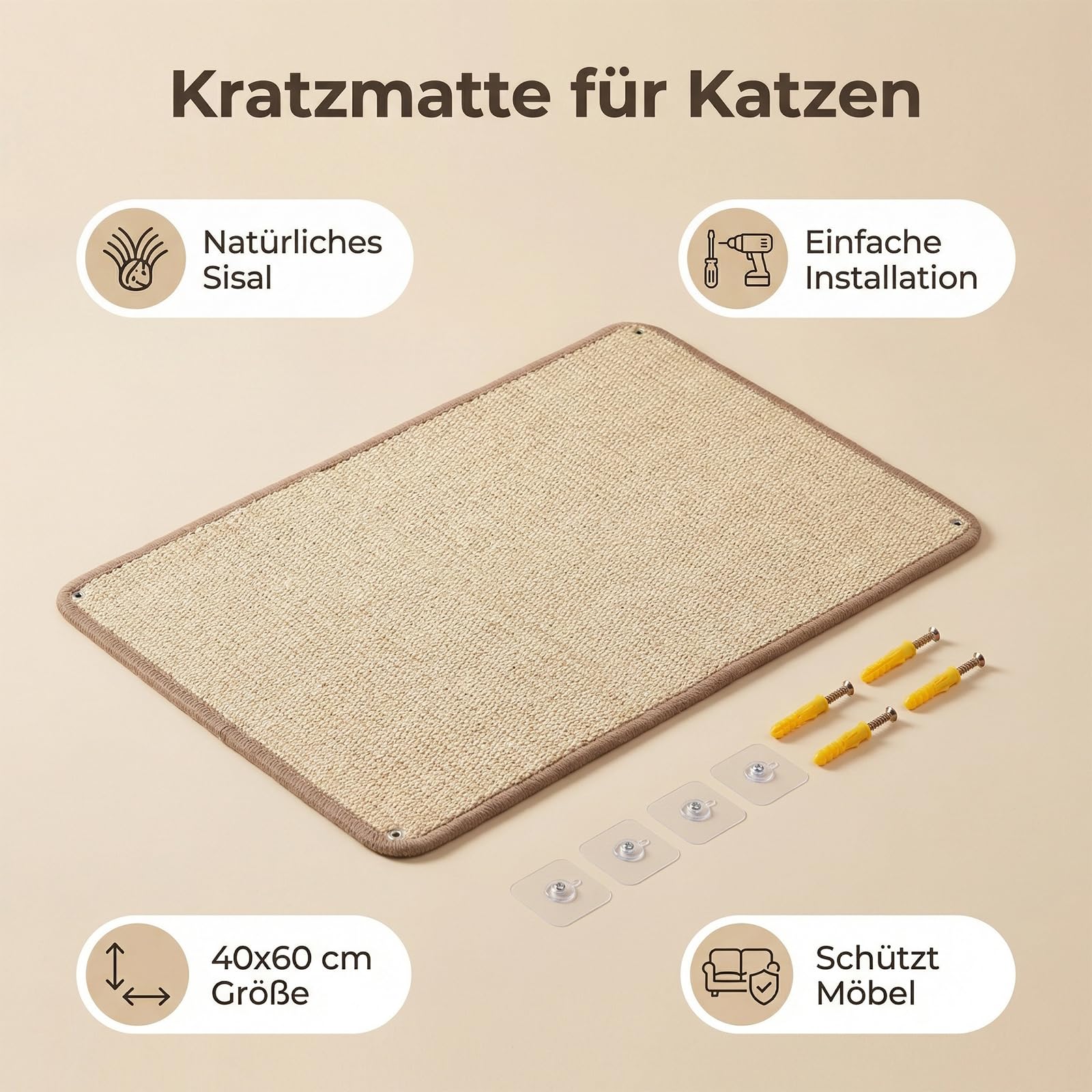 3 Stück Kratzmatte 40x60CM Natürliches Sisal Katzenkratzmatte | Natürliches Sisal, Anti-rutsch Katzenkratzpad, Widerstandsfähig gegen Katzenkrallen, Kratzbretter, Schutz für Sofa und Wand