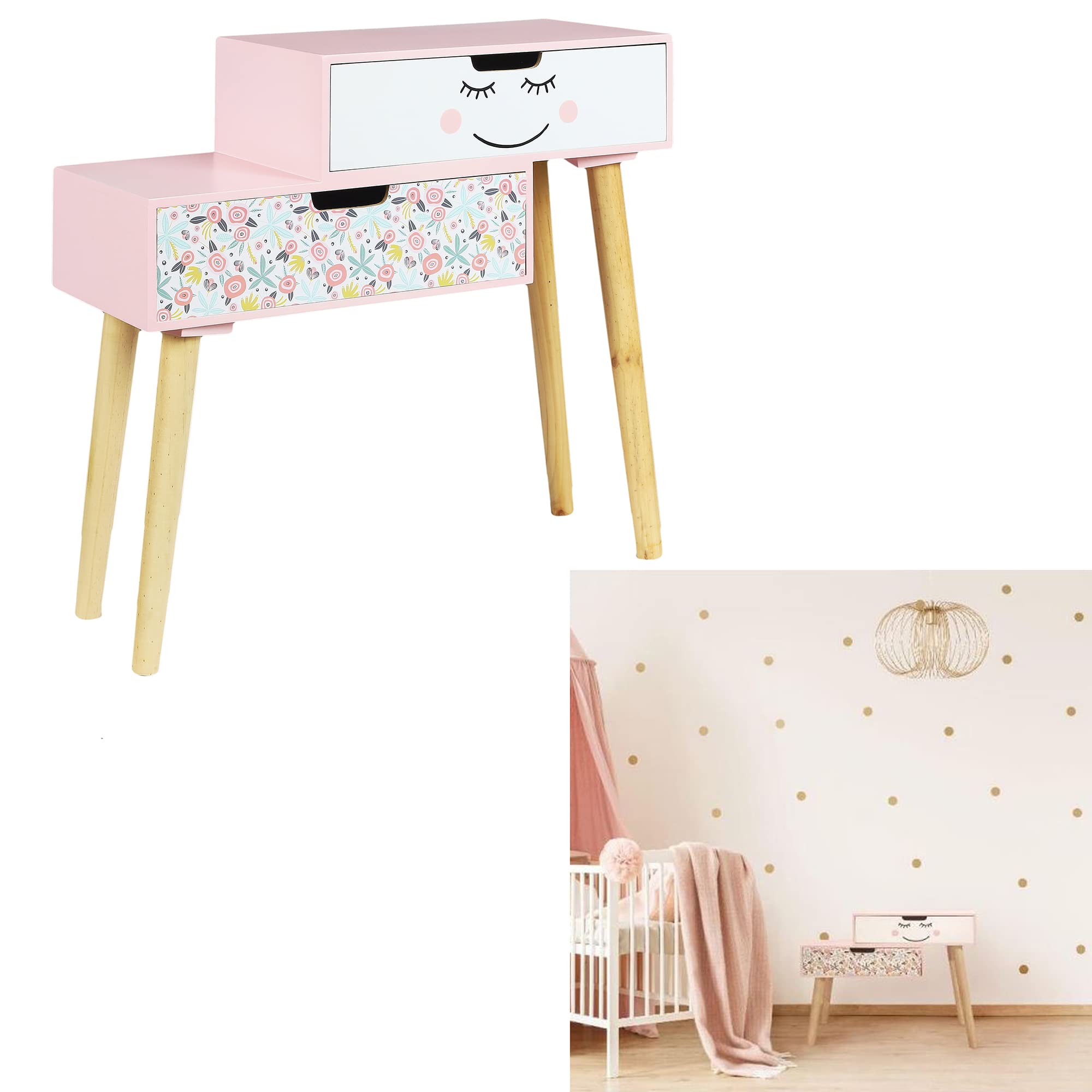 HOME DECO KIDS Chevet Liberty Bambino Camera Arredo Mobile, PIN, Legno-Rosa-Bianco-Nero-Verde, 55x22x50,08