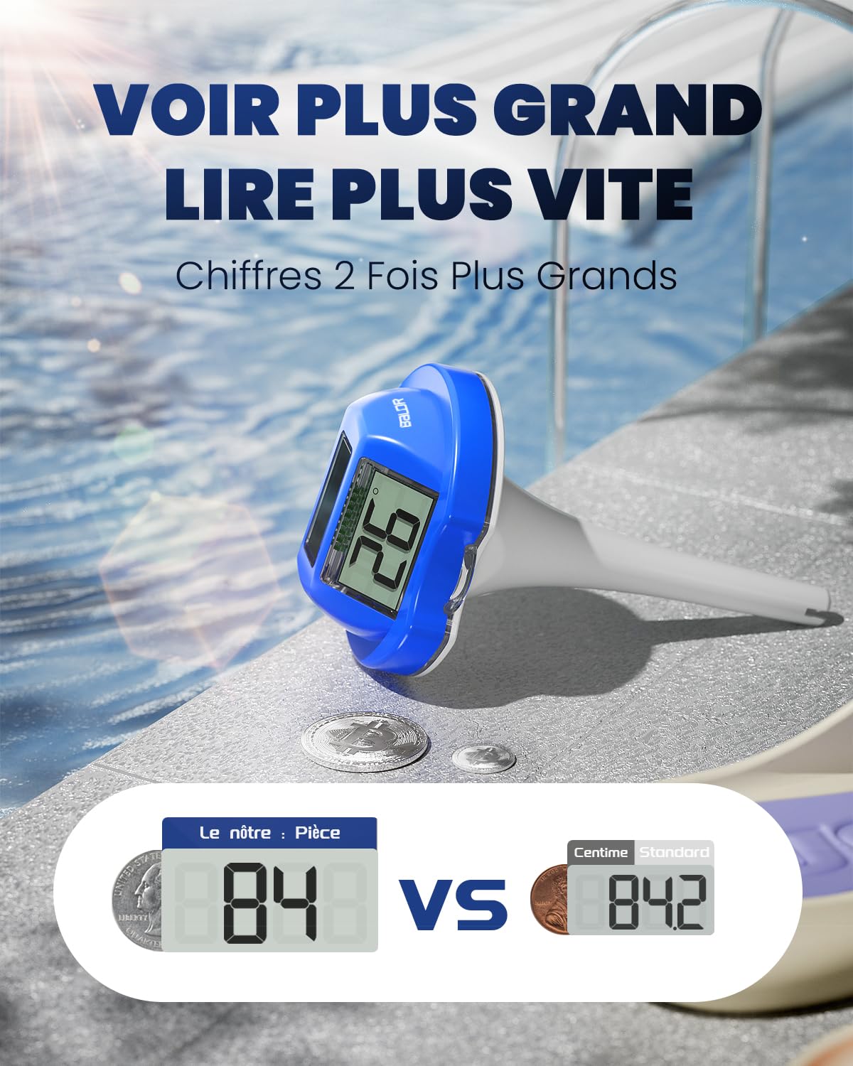 Thermomètre Flottant pour Piscine BALDR Solaire à Double Grand Écran Anti-Reflets | Sonde de Température Numérique Étanche IPX7 pour Piscines Enterrées, Hors-Sol, Spas & Étangs(Bleu foncé)