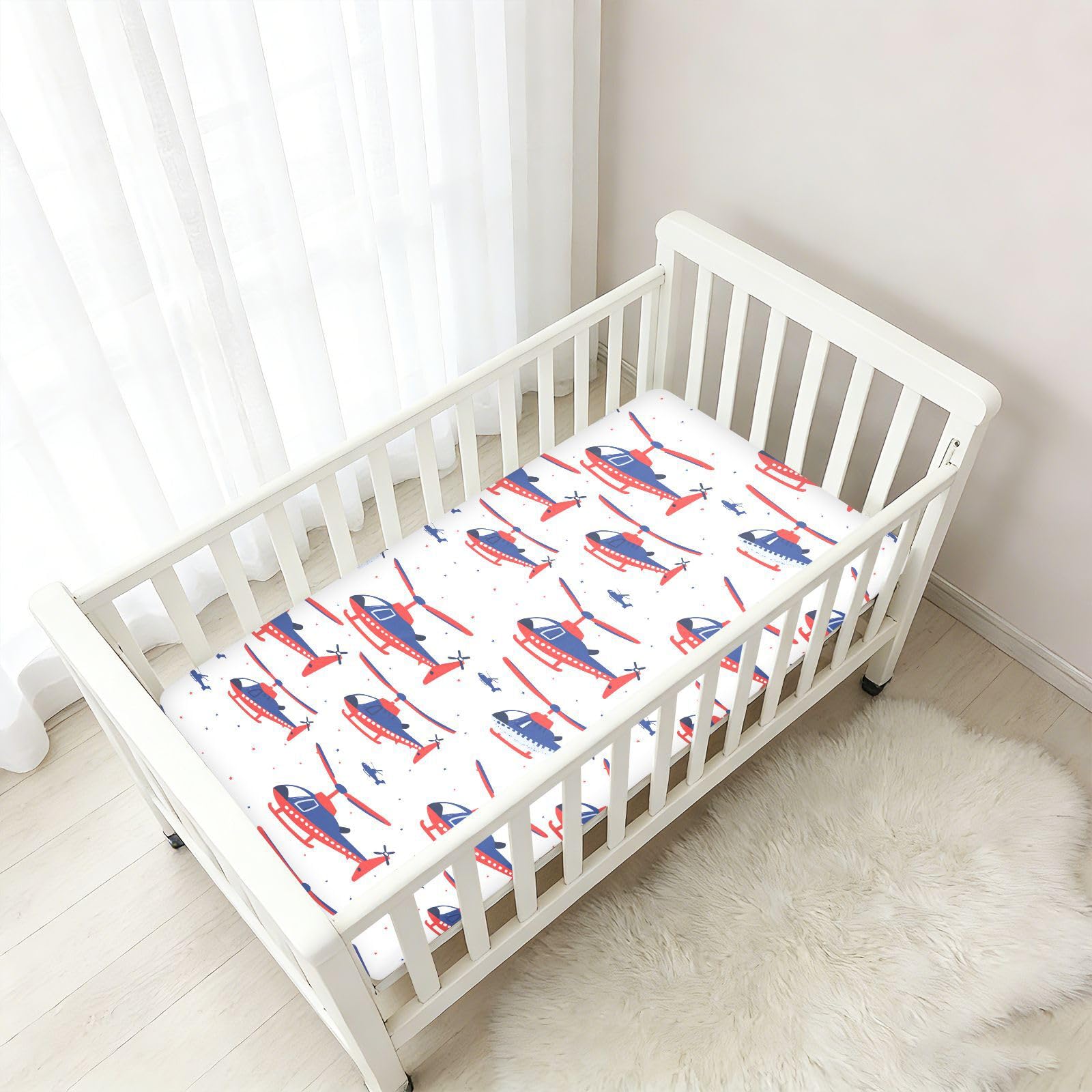 Sábanas para cuna de helicóptero rojo y azul de dibujos animados para bebés, niños y niñas, de algodón, ropa de cama de muselina suave para decoración de guardería, 1 paquete de juego de sabanas para