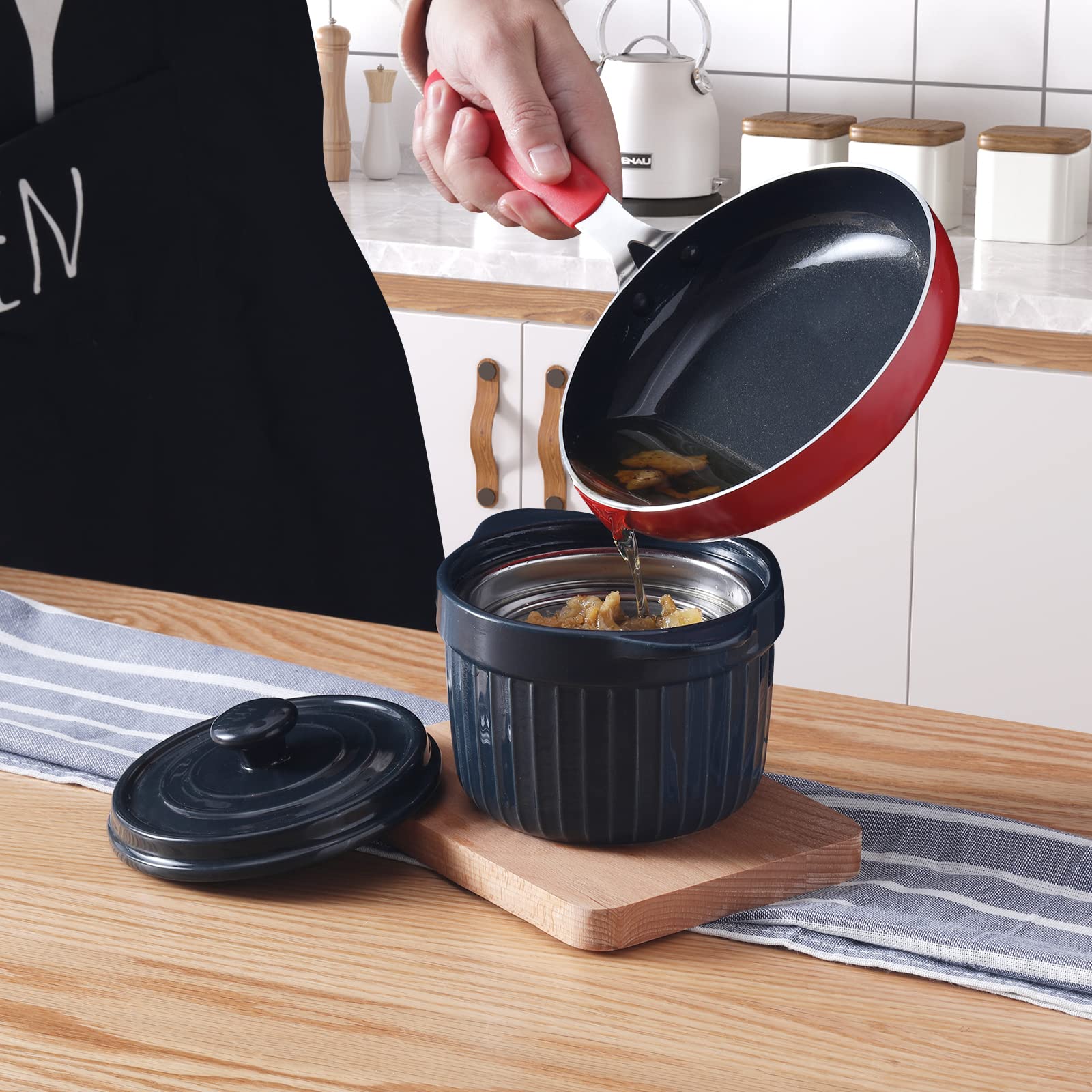 Contenedor de cerámica para grasa de tocino con colador, lata de almacenamiento de aceite para freír, azul marino