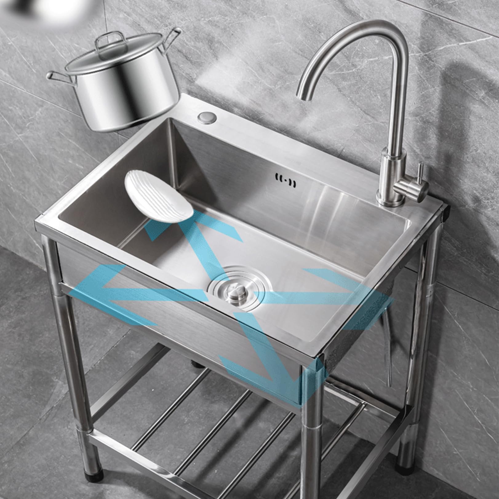Évier Portable autoportant d'extérieur, en Acier Inoxydable, pour Cuisine, Jardin, Camping ou Usage Commercial. Robinet et Tuyau d'évacuation Inclus. Facile à Nettoyer.