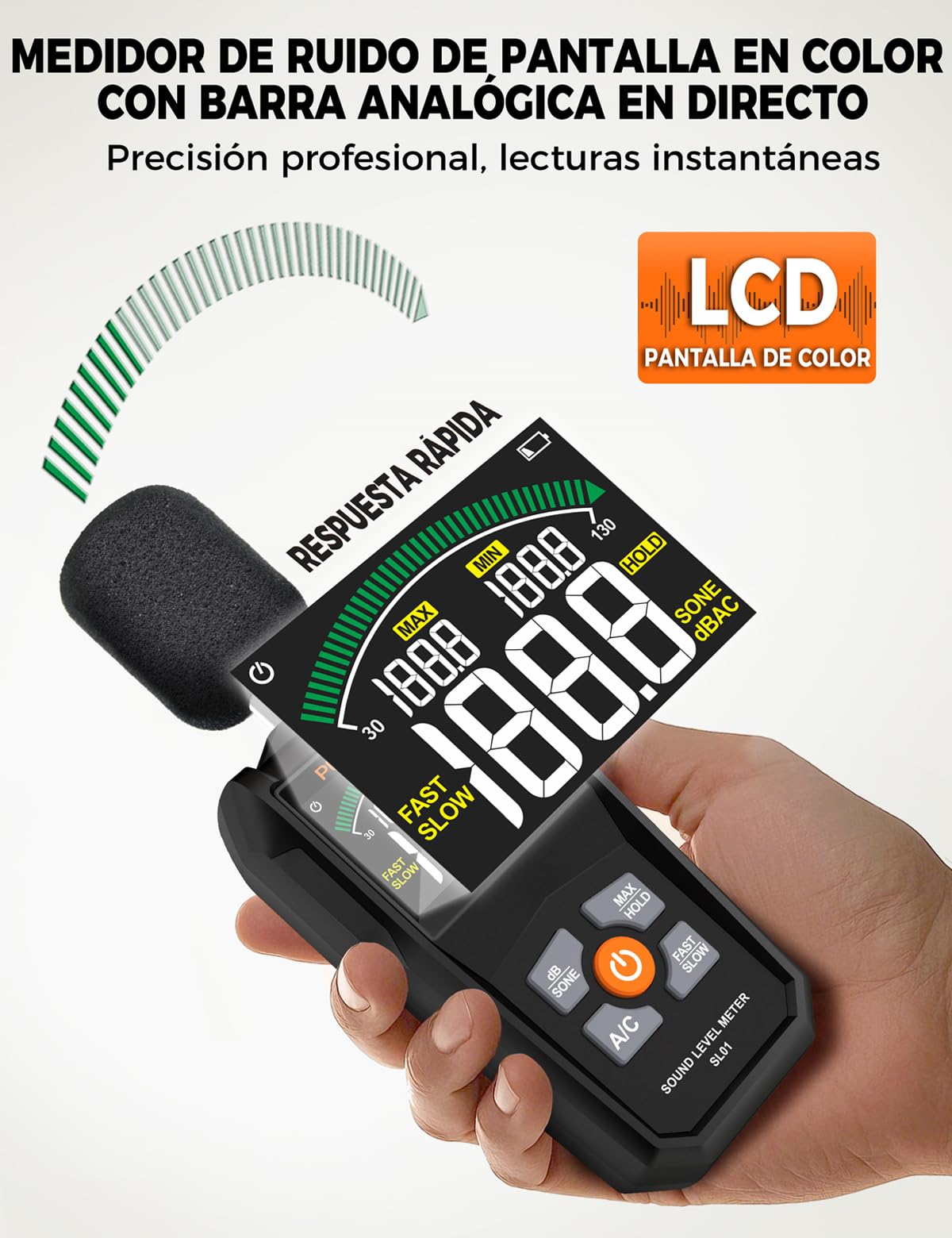 SL01 Sonometro - Medidor De Decibelios Profesional 30-130dB ±1.5dB, Pantalla LCD con Retroiluminación, Ponderación A/C, Respuesta Rápida/Lenta, para Vecinos Ruidosos, Hogar y Oficina