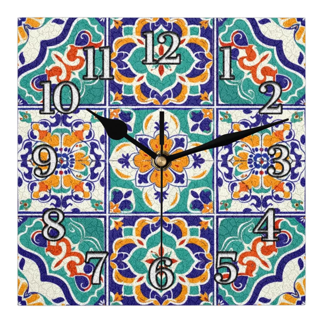 Mintoprints Mexican Wall Clock Mexican Tile 12 Inches Square Clock Silent Non Ticking Battery Operated for Living Room Decor Clock