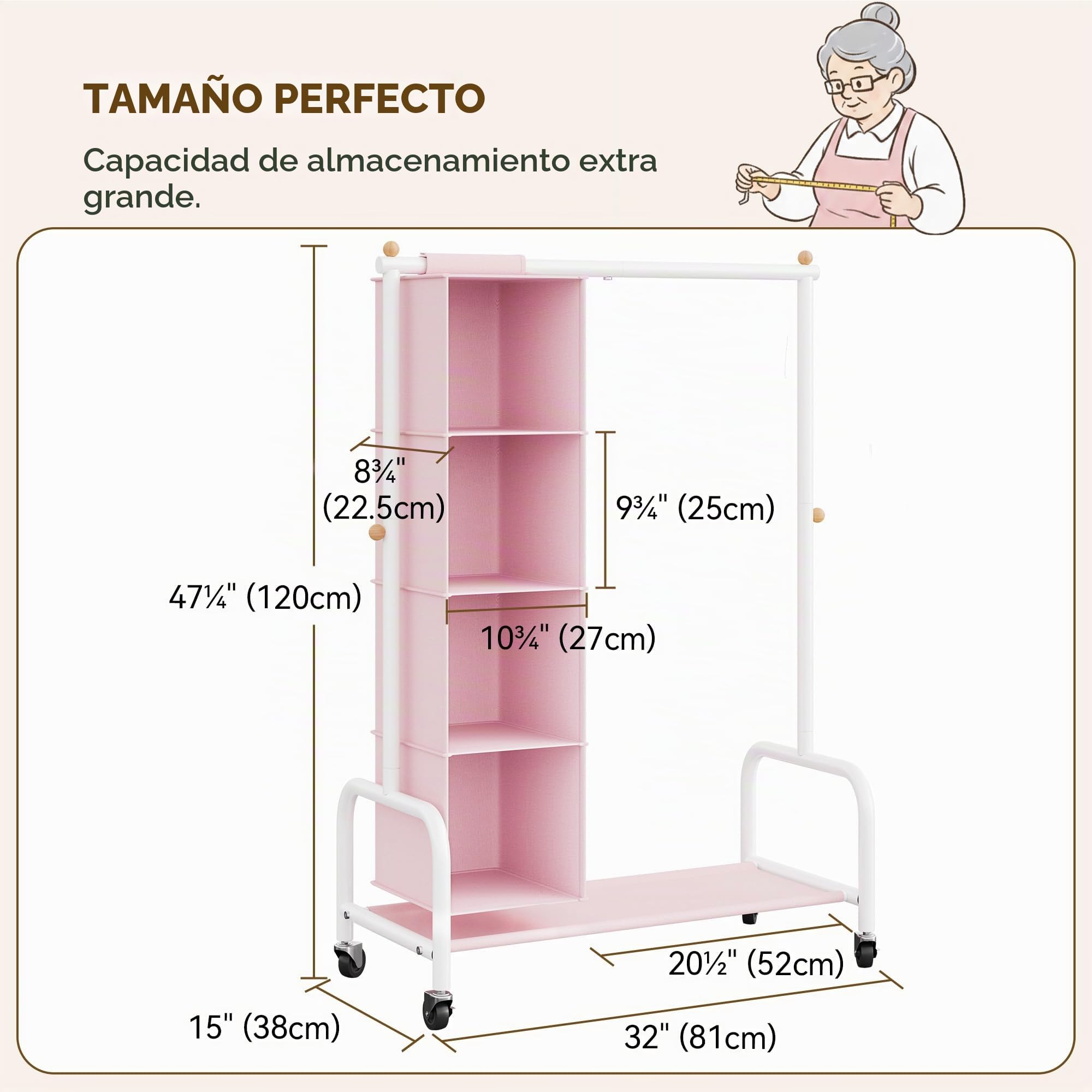 GRANNY SAYS Perchero Infantil con Organizador Colgante, Perchero con Ruedas para Disfraces Infantiles, Perchero para Ropa de Niños, Perchero para la Habitación del Bebé o la Guardería, Rosa/Blanco