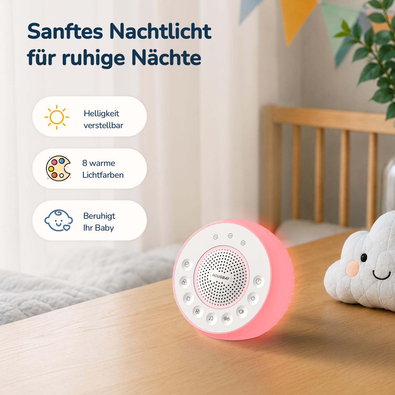 Housbay White Noise Machine per neonati con luce notturna, dispositivo a rumore bianco per neonati, 31 suoni calmanti, portatile con timer per un sonno tranquillo