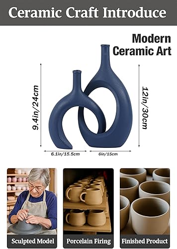 Miniatura 2 de Juego de 2 jarrones de cerámica azul, moderno jarrón azul marino para centros de mesa de comedor, decoración de casa de campo y hogar, particiones