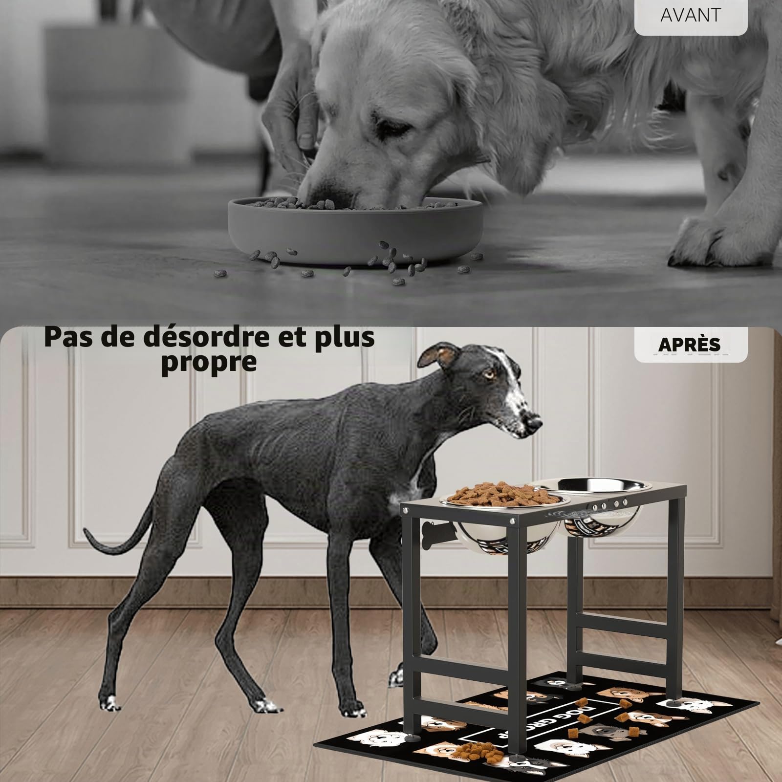 ADENGL Gamelles surélevées pour chiens de grande et grande race, support de bol surélevé avec 2 gamelles en acier inoxydable (2,863 g) et tapis anti-déversement, mangeoire pour chiens de très grande