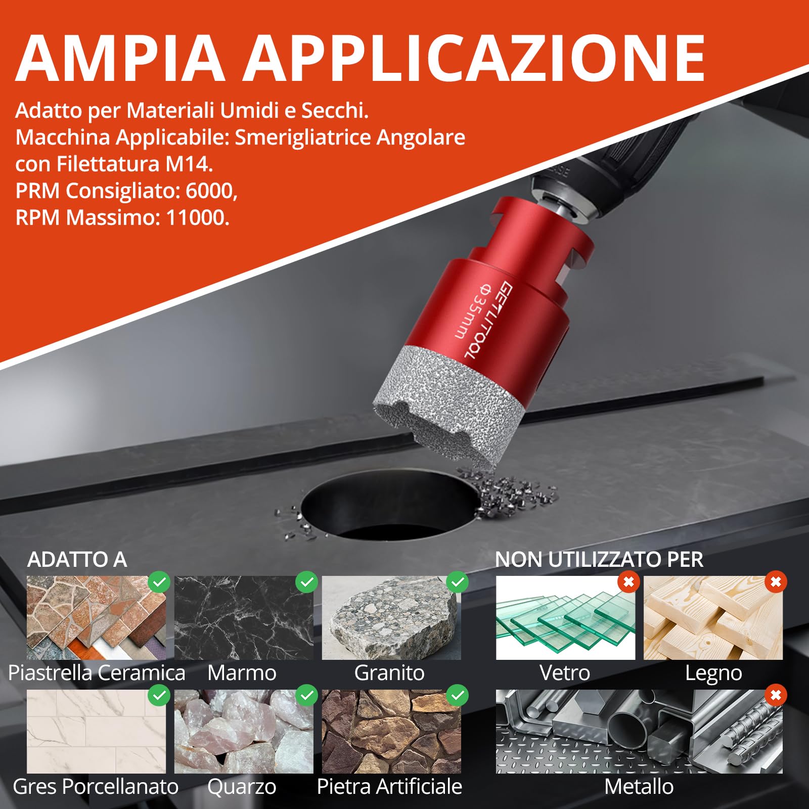 GETLITOOL Set Punte Diamantate 11 Pezzi per Smerigliatrice Angolare M14, Taglio Asciutto/Bagnato per Piastrelle, Marmo, Granito, con 9 Punte 6-68mm, 2 Dischi Diamantati 125mm e Valigetta in Alluminio