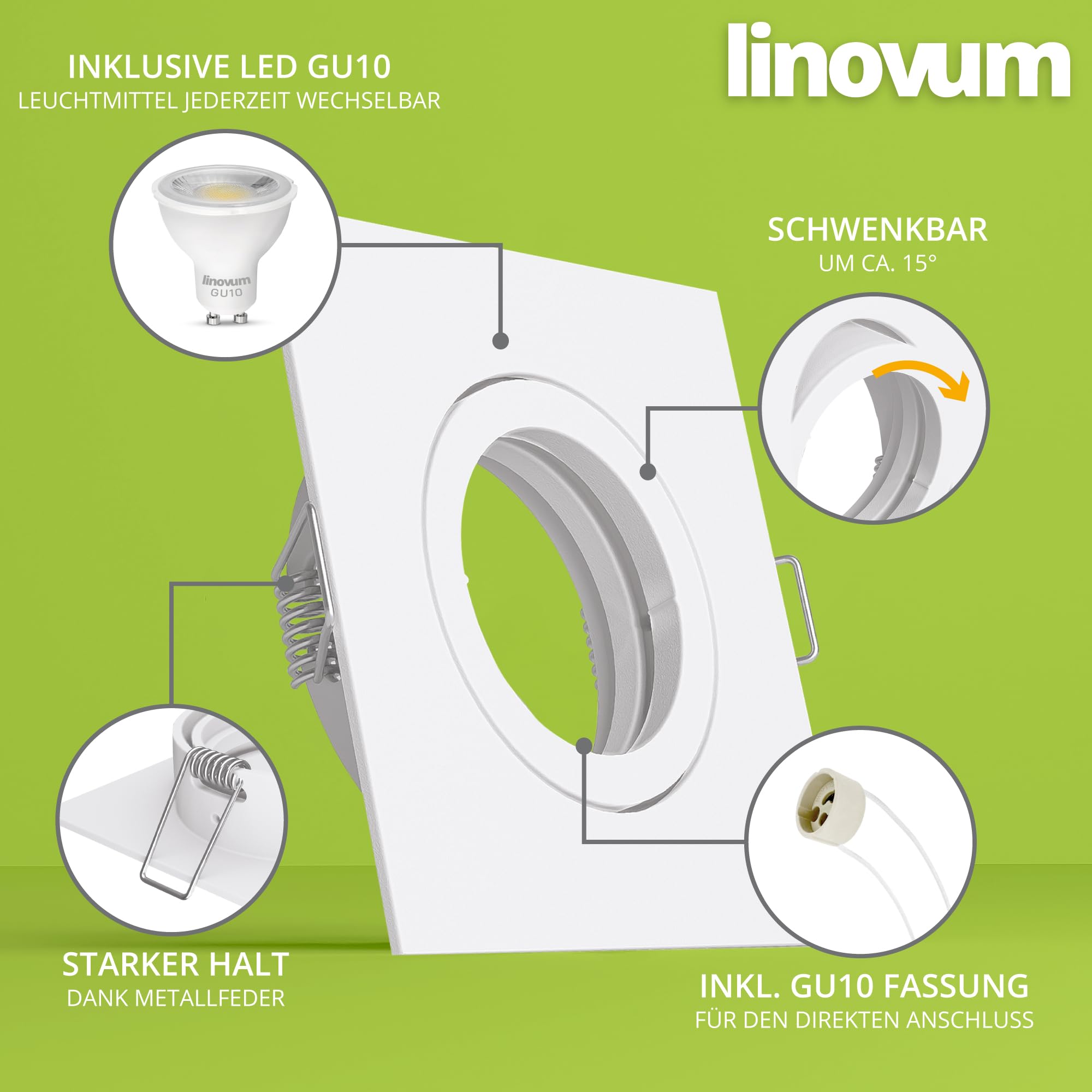 linovum 10 Stück LED Einbaustrahler 230V - mit 6W GU10 drei einstellbaren Lichtfarben 3CCT - Einbauspots eckig weiß schwenkbar