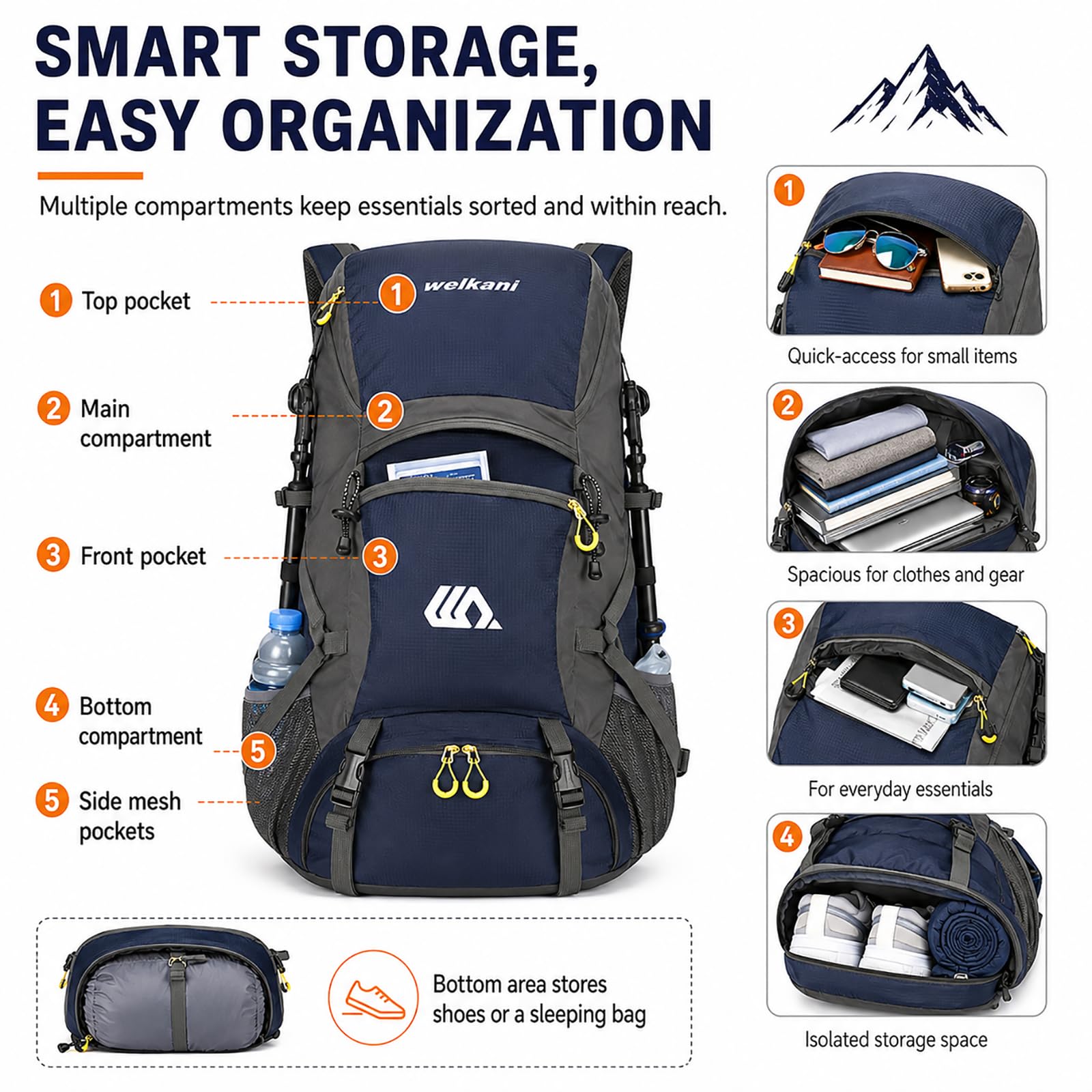 50L Wanderrucksack mit Regenschutz Wasserdicht Leichtes Camping Outdoor Sport Trekking Klettern Skifahren Reisetasche