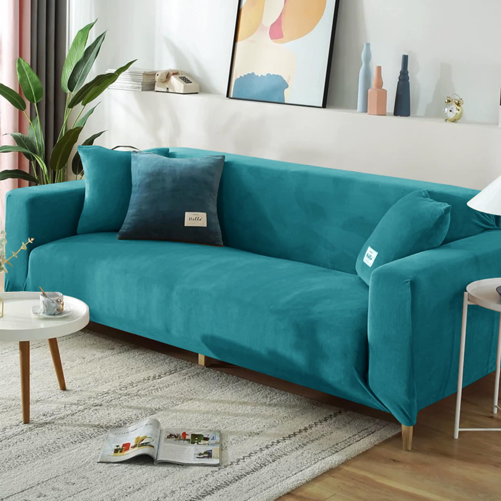 Fansu Funda Sofa, Suave y Flexible Funda Sofa, Peluche Verde Turquesa Fundas Sofas 3 y 2 Plazas Ajustables, Universal para familias Cubre Sofa, Protector Sofa con Brazos (3-Seater,Turquesa)