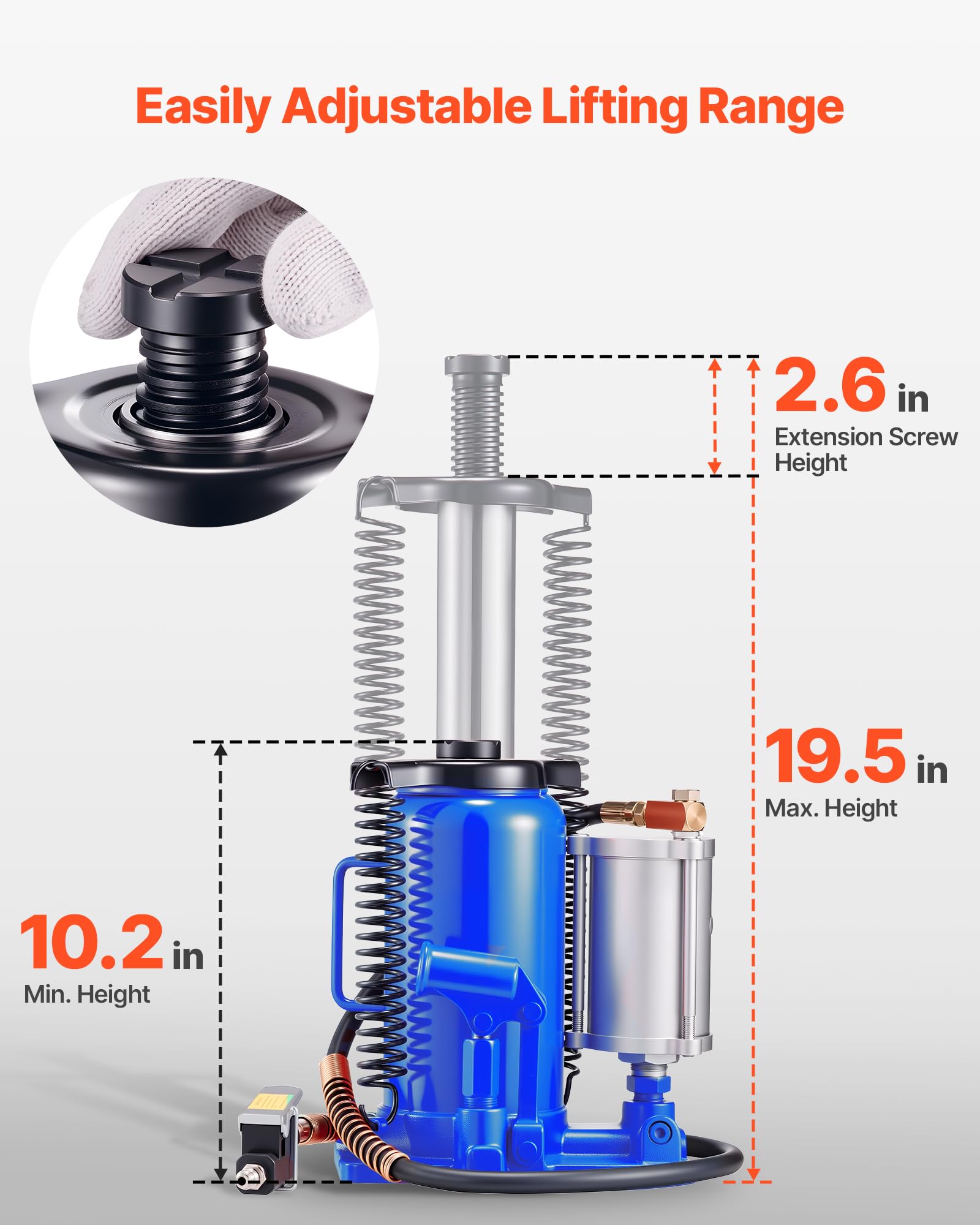 VEVOR Cric Bouteille Hydraulique Pneumatique Capacité 20 T, Cric de Levage pour Voiture Plage de Levage 260-495 mm, avec Pompe, pour Réparation Automobile, Camion Camping-Car, SUV, Atelier, Bleu