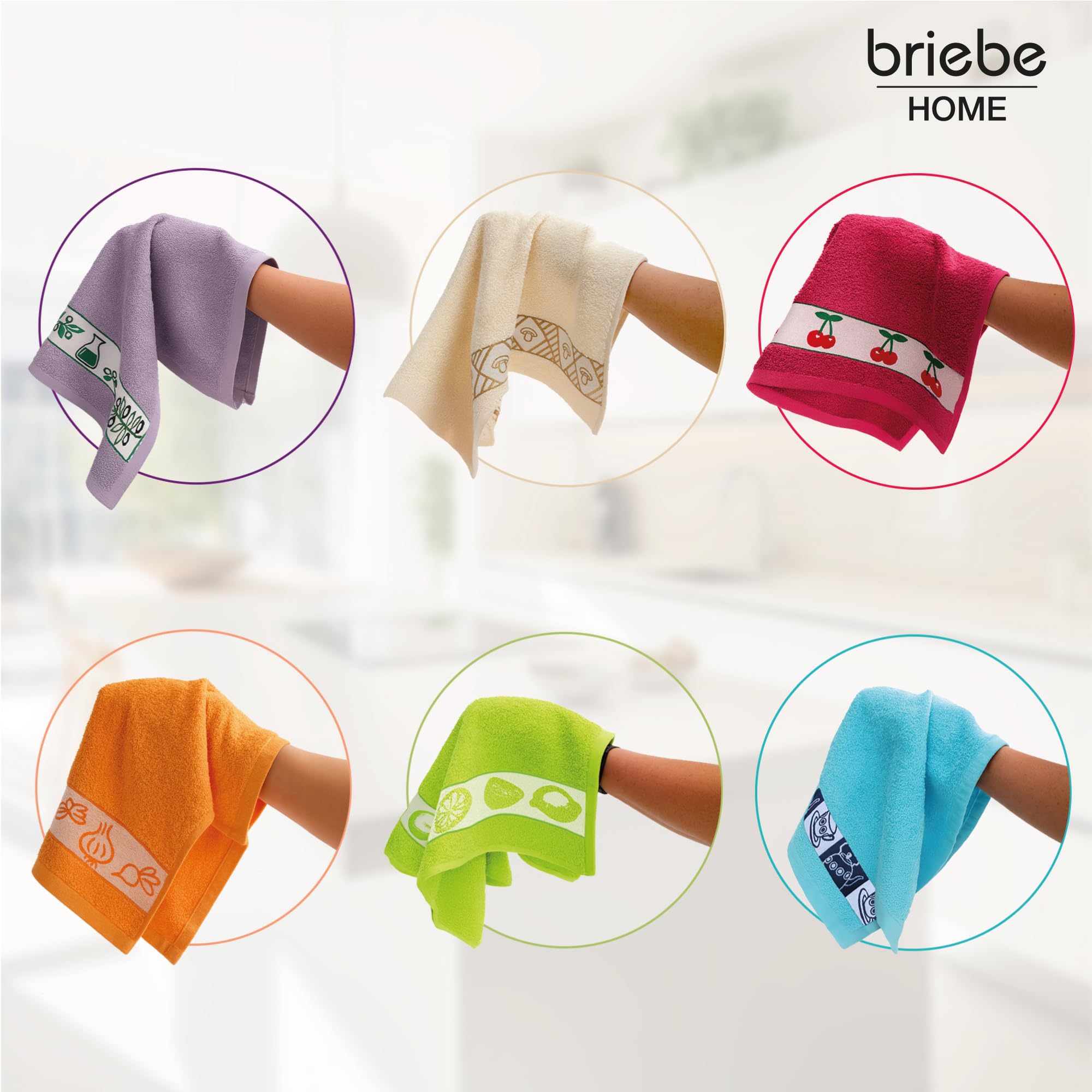 briebe Home 12 Ściereczek Kuchennych Frotte 100% bawełna, 50x45cm, Wykonane w Portugalii, Wielokolorowe z Haftowanym Wzorem, Komplet Miękkich Ściereczek