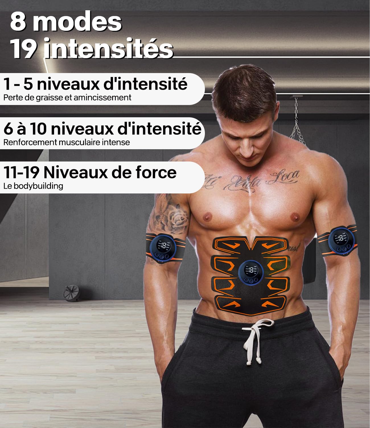 PZCC Électrostimulateur Musculaire, Ceinture Abdominale 8 Modes 19 Intensités, Rechargeable USB LCD, Stimulateur pour Abdos/Bras/Jambes/Fesses