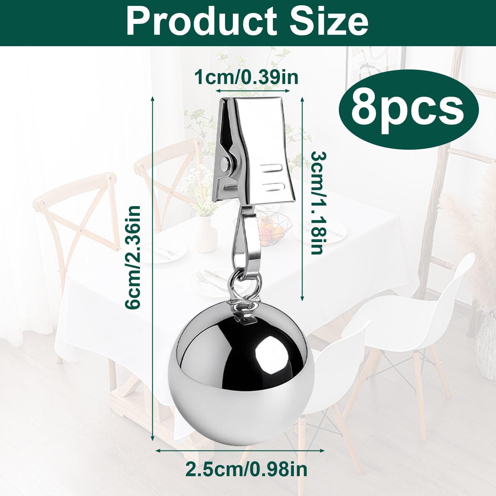nplaseta Tischdeckenbeschwerer 8 Stück Stabile Tischdecken Gewichte, Extra Schwere Rostfreie Edelstahlkugeln mit Clips Gewichte für Vorhänge, Tischdeckengewichte für Outdoor Tischdecken Vorhänge - 3