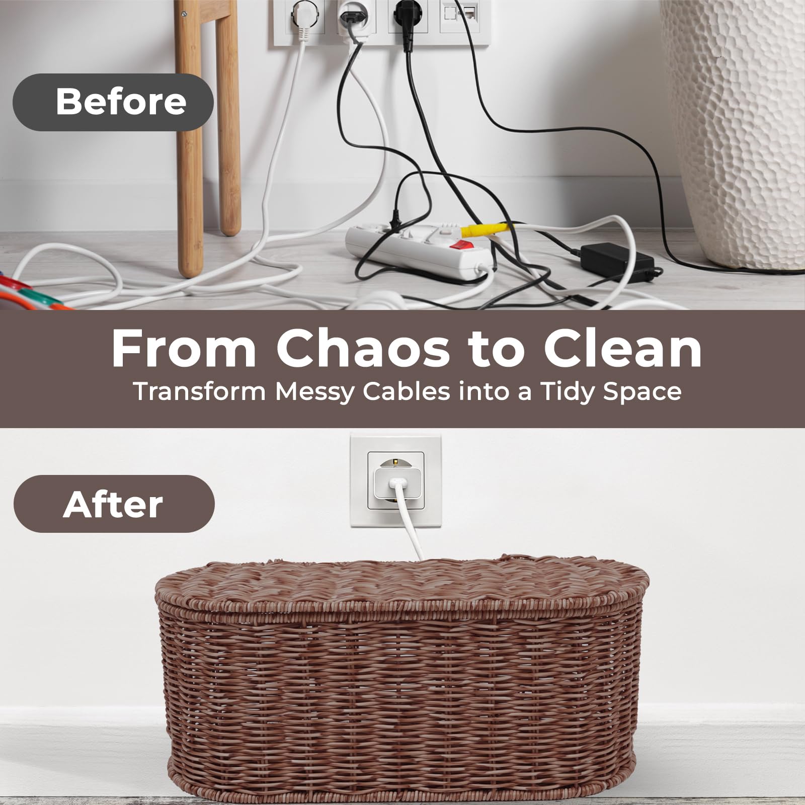 Cable Management Box, Handmade Rattan Cable Organizer, 2 Open Slots Cords Hider Box, Under Desk Cord Organizer For Computer Router USB Hub & Power