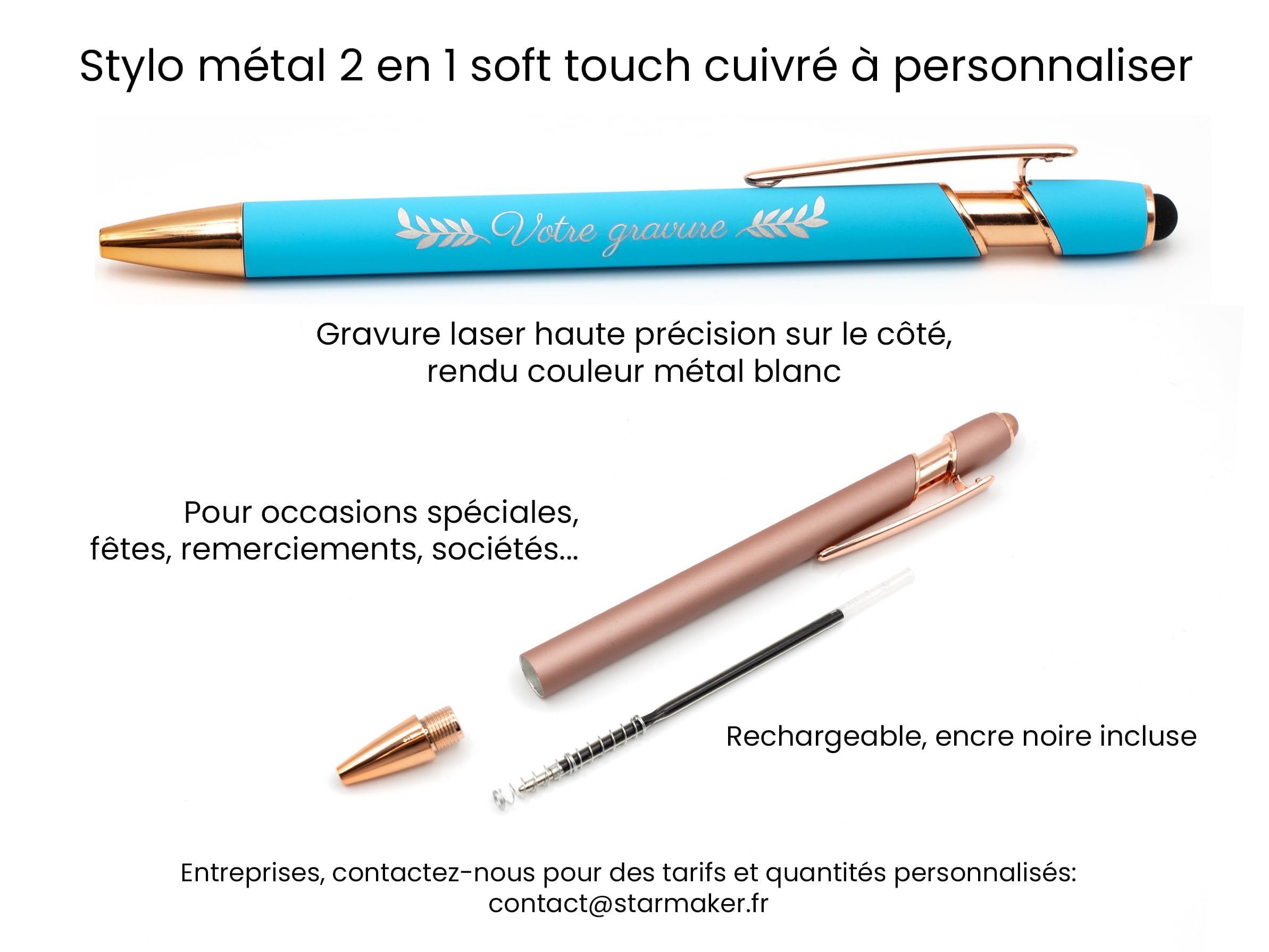 StarMaker Set da 10 Penne personalizzate in metallo - nome, matrimonio, business, testo con icone e decorazioni personalizzabili, incisione Laser, inchiostro nero