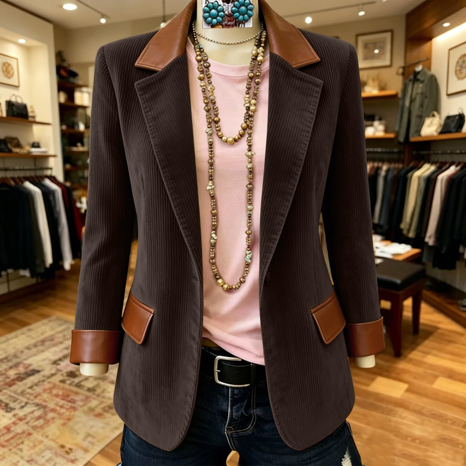 Blazer Damen Elegant Cord Anzugjacke Business Revers Cordjacke Longblazer