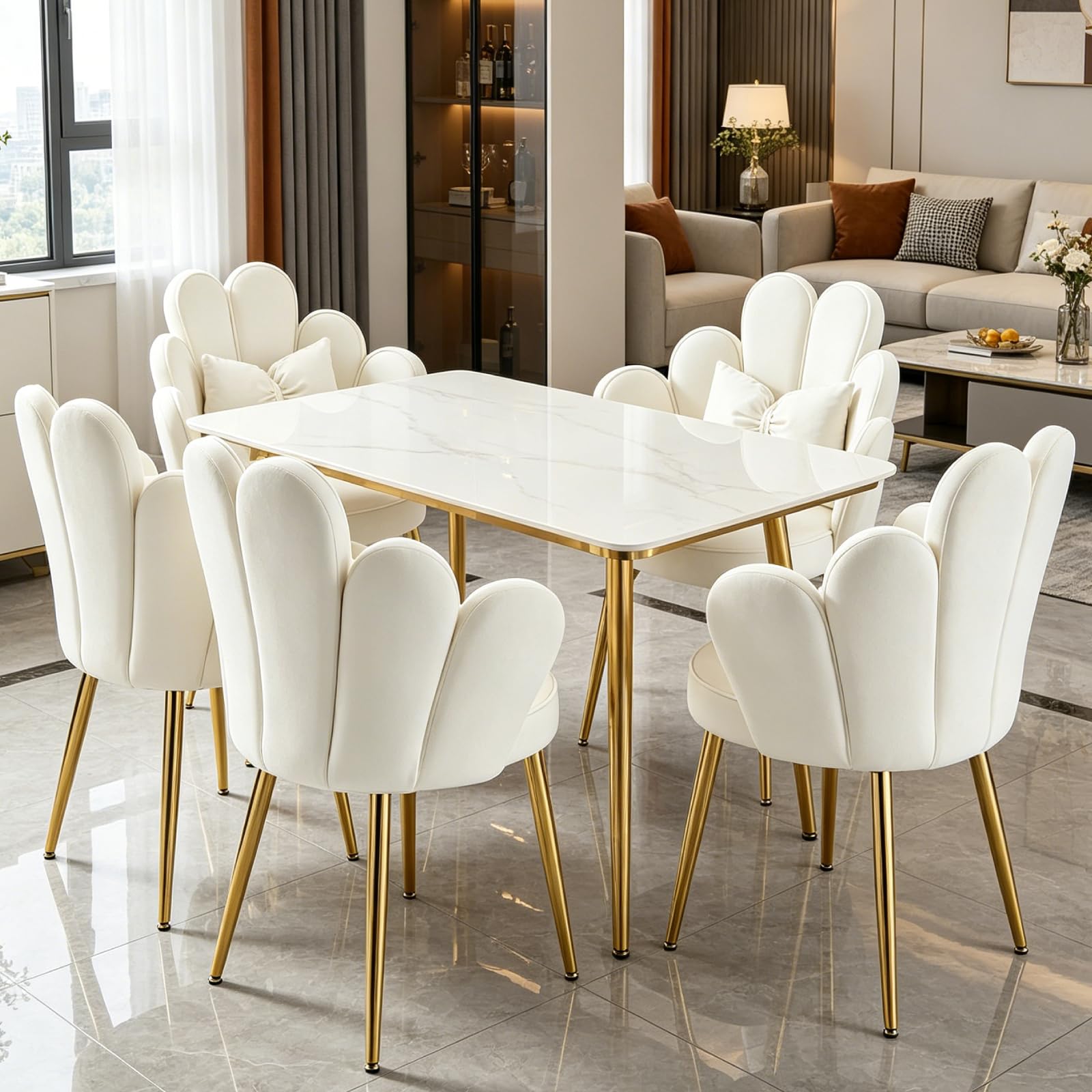 LEADZM Sillón con respaldo pétalo silla de tocador sillón relax, Blanco | de salón dormitorio, sillón de cocina y comedor con patas de oro
