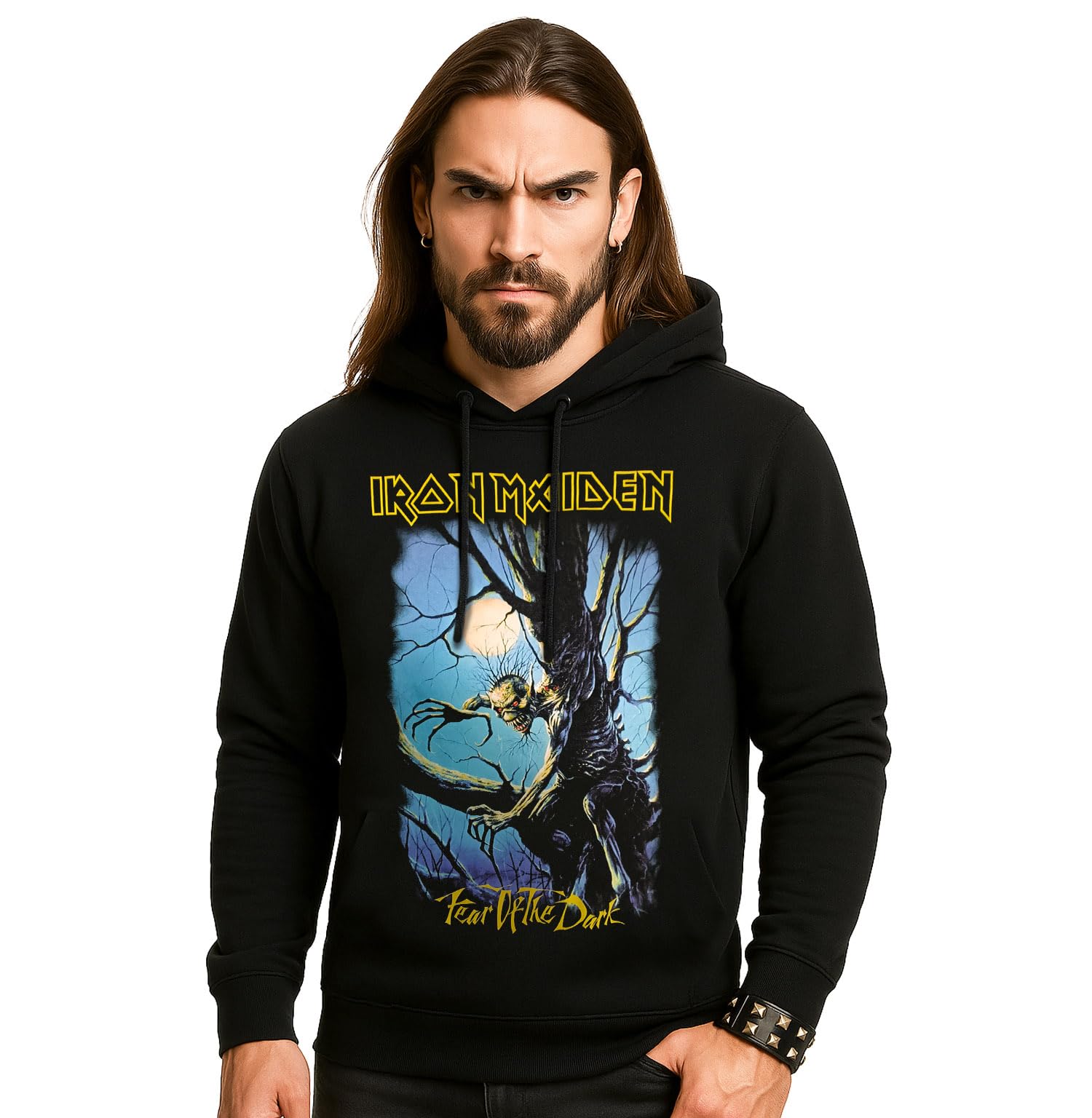 Iron Maiden Felpa Ufficiale Fear of The Dark. Felpa con Cappuccio Unisex in Cotone. vestibilità Regular per Adulto e Ragazzo