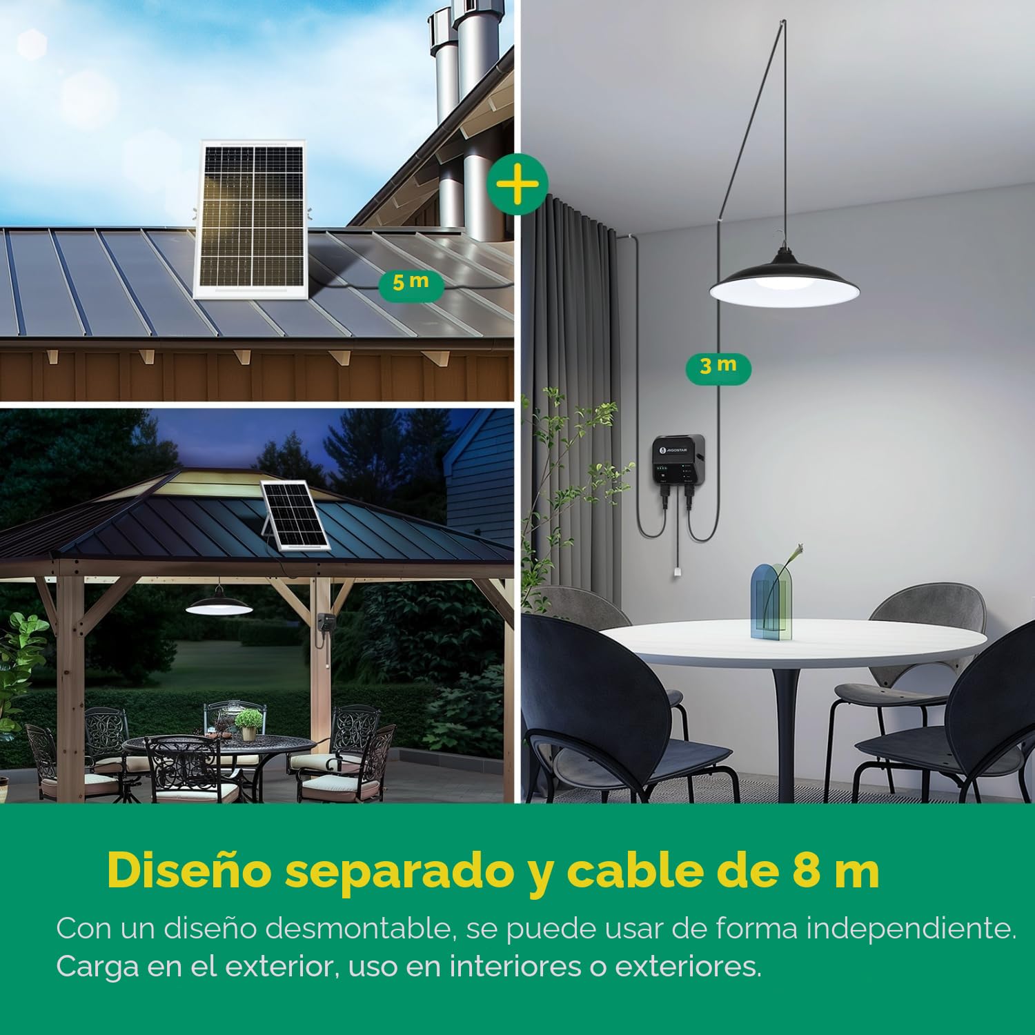 Aigostar - Lámpara solar exterior con mando a distancia y cuerda de tracción,cable de 8 m,batería de capacidad de 6000 mAh,gran panel solar,IP65.Luz led para interior,jardín,camping,2 piezas