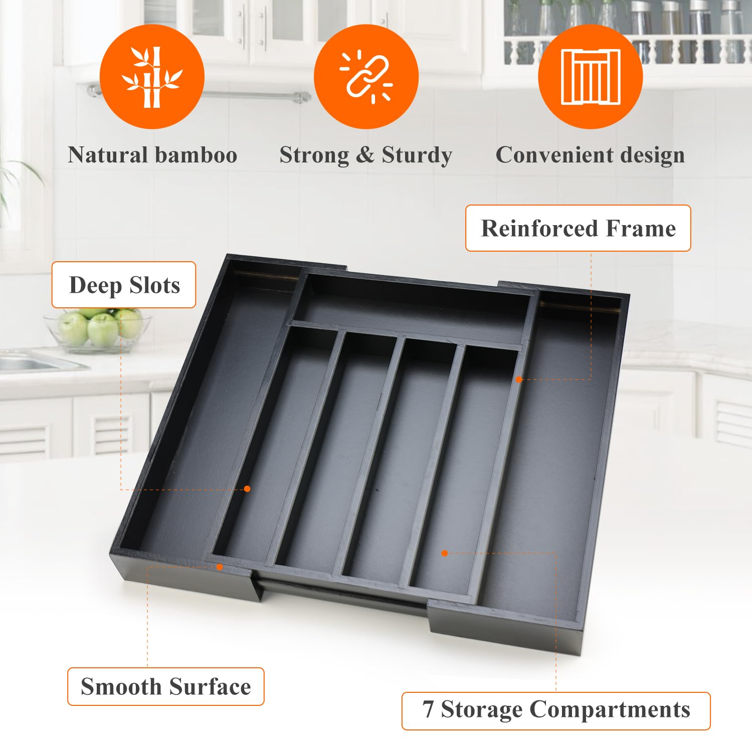 Ayiaren Organizador de cajones expandible, organizador de cubiertos de bambú grande, bandeja ajustable para cubiertos, de madera negra, divisor de cajones, organizador de utensilios de cocina,
