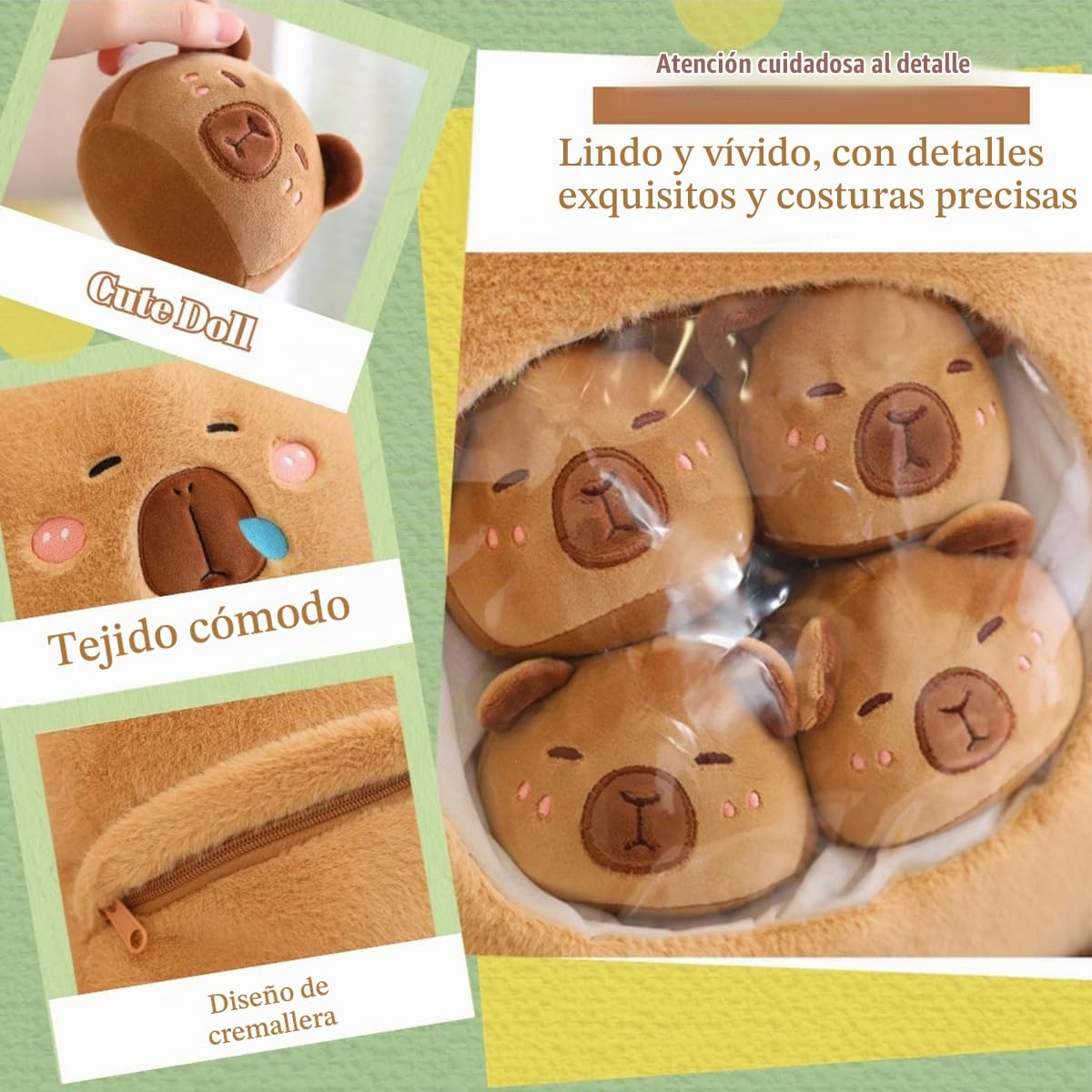 Kekeso Capybara Peluche Kawaii Capybara Peluche con 6 Bebés Lindos Bolsa de Capybara Peluches Almohada Juguetes de Peluche para Niñas Niños Regalos,Marrón