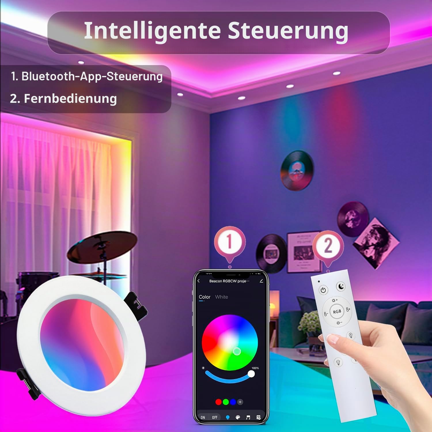 LED Einbaustrahler RGBW Smart LED Spots 230V Dimmbar APP Bluetooth Einbauspots warm und kaltweiss farbwechsel, 2700K-6000K, 8er Set 7W, Alu, IP44 Deckenspots für Badezimmer, Küche, Wohnzimmer