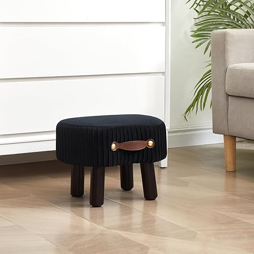 Miniatura 2 de Otomana y descanso de terciopelo para pies, reposapiés curvado para sala de estar y entrada, color negro, con asiento acolchado y patas de madera