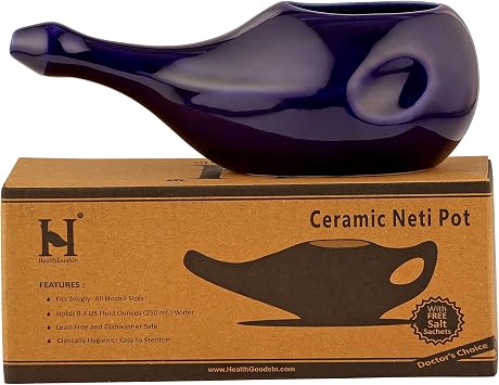 HealthGoodsIn Ceramic Neti Pot, Dishwasher Safe, for Nasal Cleansing + 5 Sachet Neti Salt, Without Handle Voilet