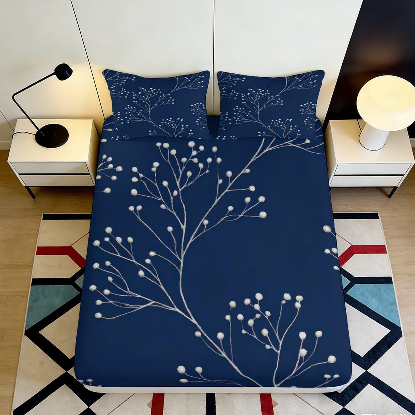 Jwndfkpvxzgl Style-6 3D Printed Blue Branch Fitted Sheet Microfiber Soft Anti-Slip Blossom Mattress Cover Bedroom Home Decor 90X200x25cm