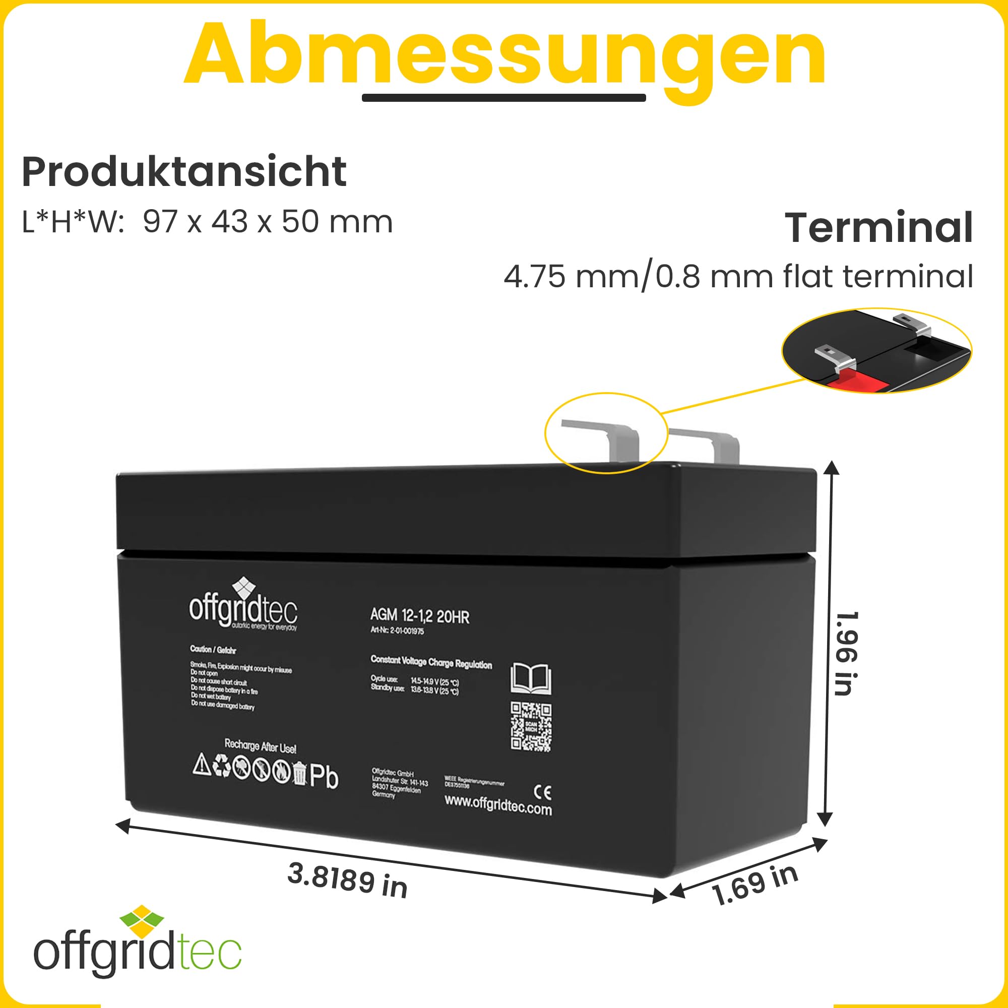 Offgridtec Agm Batteria Solare Estremamente Zyklenfest 1,2 Ah 20 Stuende 12 V, 2 – 01 – 001975