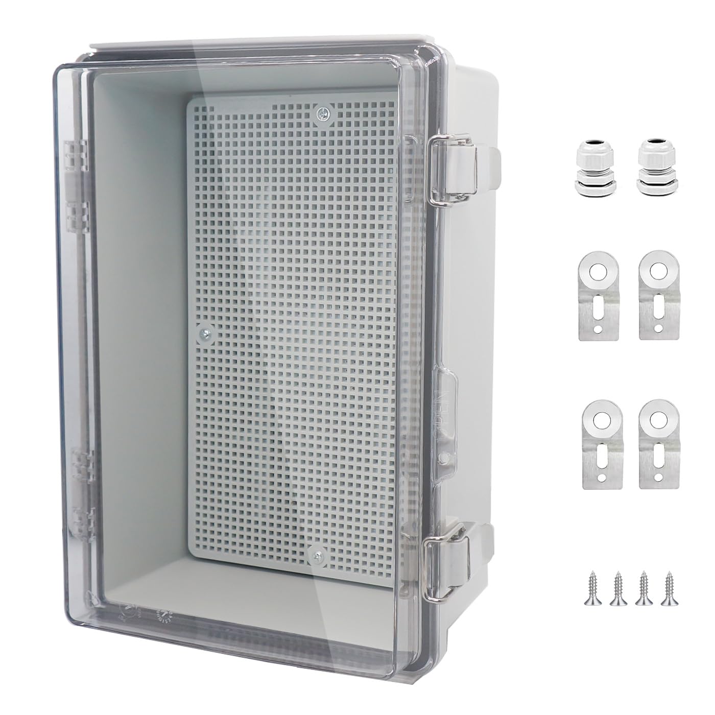 IP67 Waterproof Junction Box, ABS Plastic Electrical Enclosure with Stainless Steel Latch, Hinged Cover Electric Box with Mounting Plate, Wall Brackets & Cable Glands 280x190x130mm — Amazon image 16