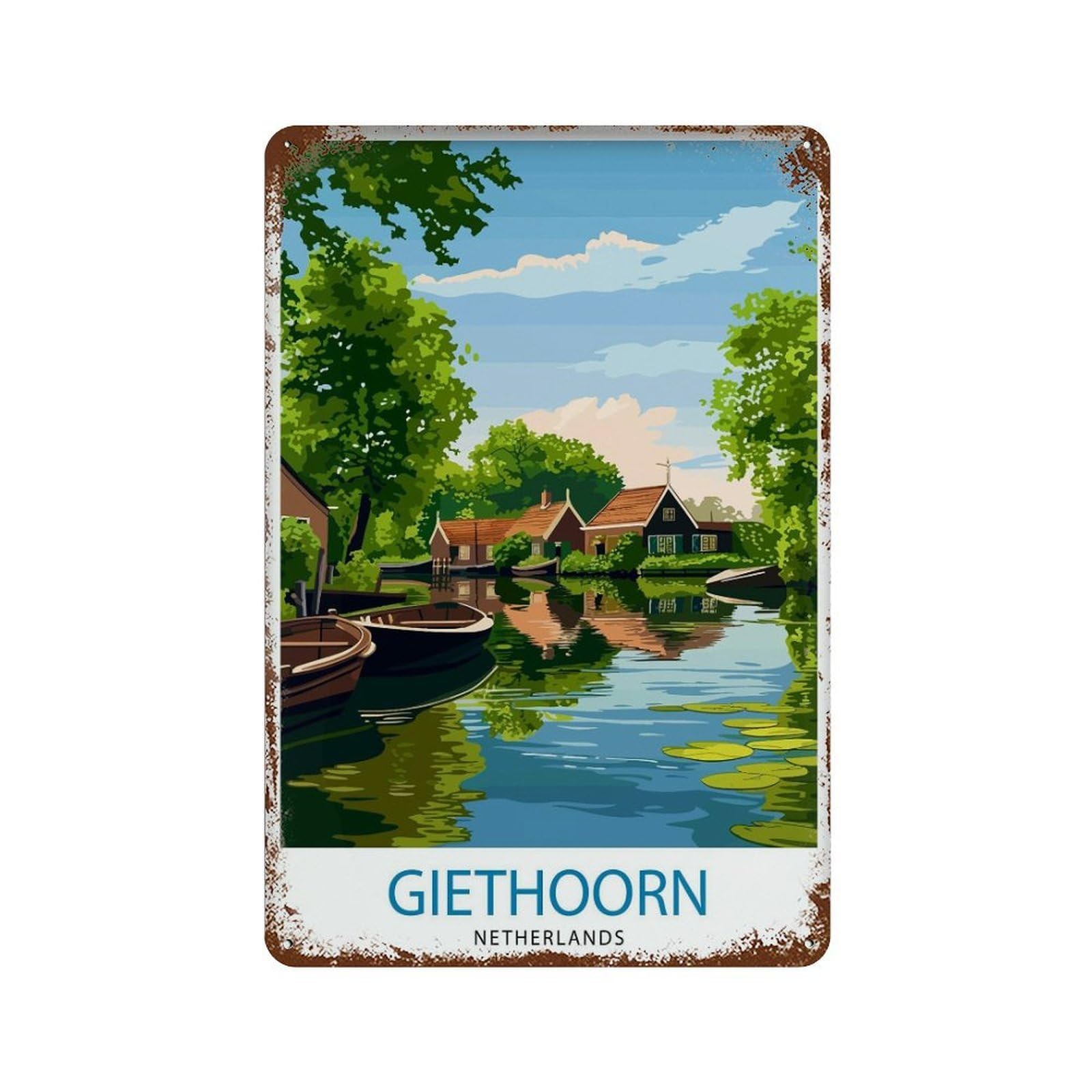 Giethoorn Netherlands Travel Venice of The North Water Village Dutch Canals Peaceful Illustrati Wall Decor Art Metal Tin Poster Modern Home Decor Art Home Bar Shop Decorations Vintage Sign 30x20cm