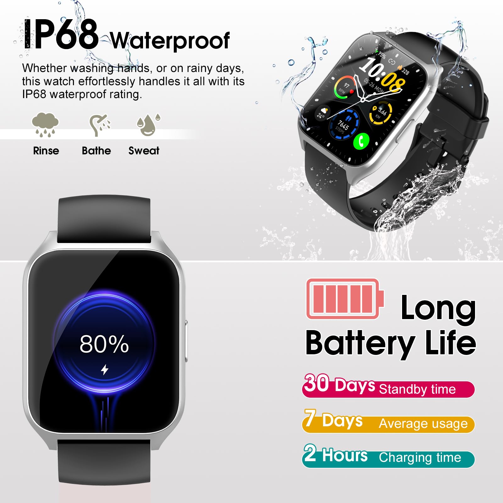 Smartwatch Herren Damen, 1,85" HD Touchscreen Smart Watch mit Telefonfunktion, 100+ Sportmodi Sportuhr mit Schrittzähler/Herzfrequenzmonitor/Schlafmonitor, IP68 Wasserdicht Fitnessuhr für iOS Android