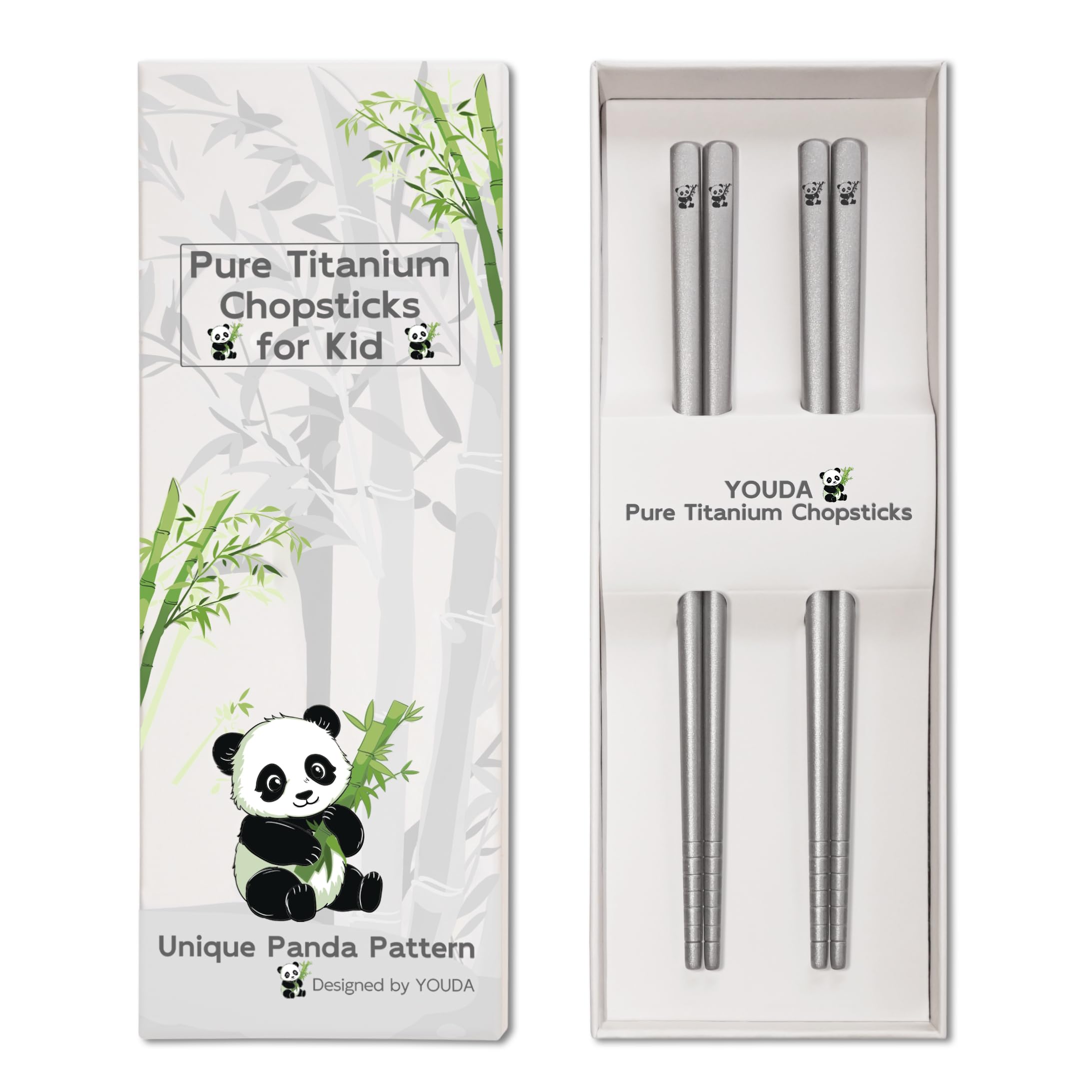 Youda 2 Paare Kinder Titan Stäbchen – Geschenkset mit graviertem Panda-Design, Unzerbrechlich & leicht, perfekt für Kinder-Mahlzeiten & Lernstäbchen (99,8% reines Titan)