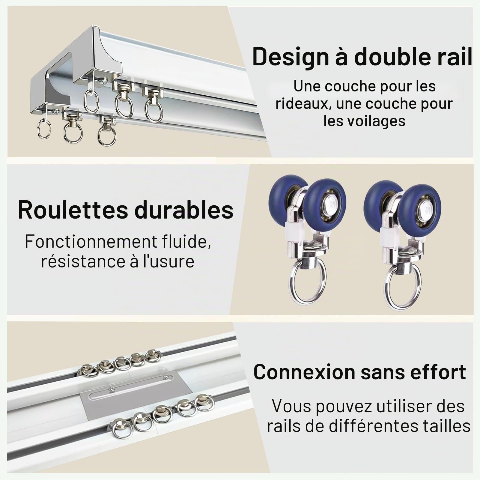 Rail de Rideau Double Silencieux, Double Rails de Rideaux(Blanc,230 cm) | Aluminium, pour Salon, Chambre, Bureau,Blanc