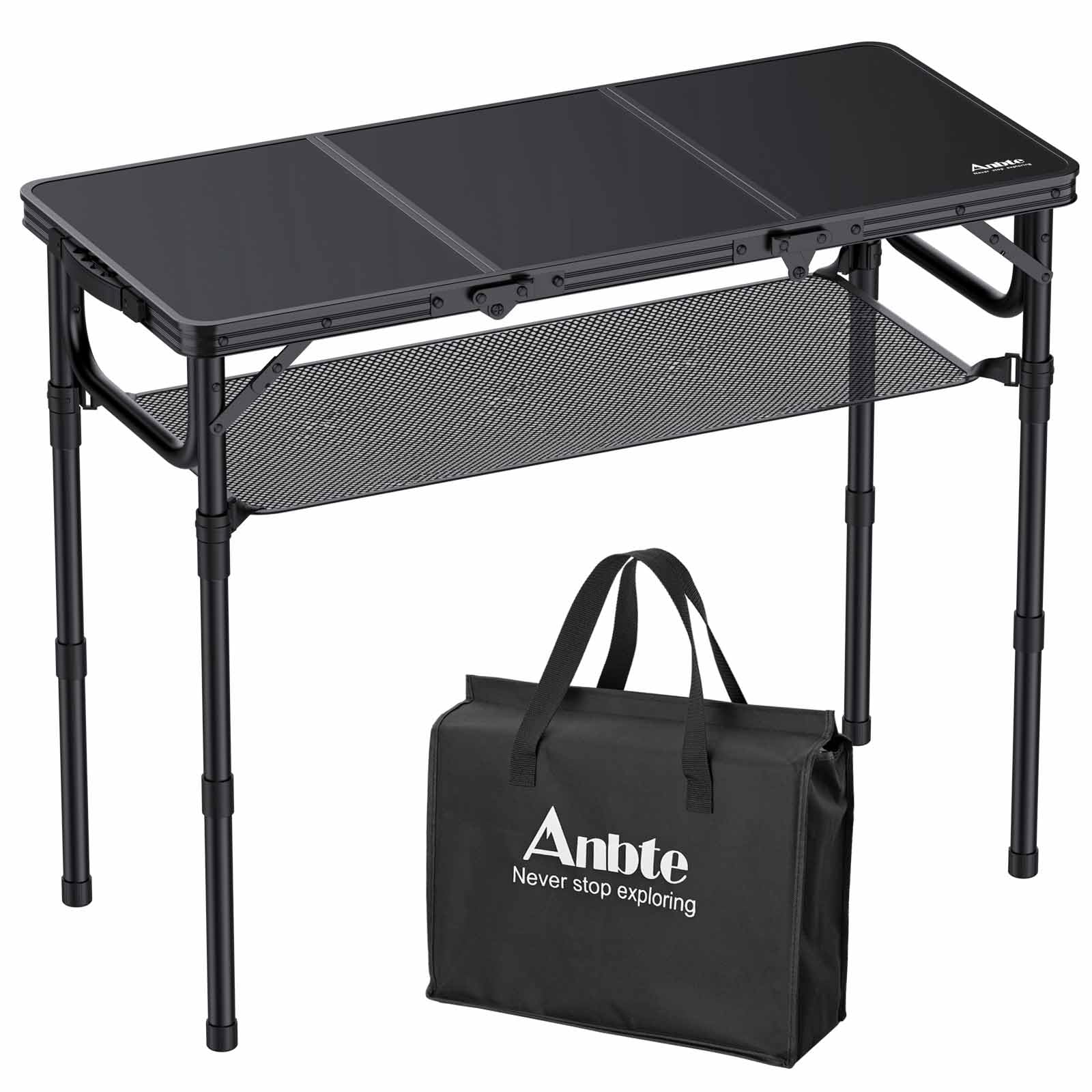 Anbte Mesa Plegable Camping 90 x 40 x 26-48-70cm con Ajustable Altura Aluminio Impermeable Mesa Playa Portátil, Soporta 30 kg,con Bolsa de Almacenamiento para Barbacoa, Playa, Jardín, Picnic Negro