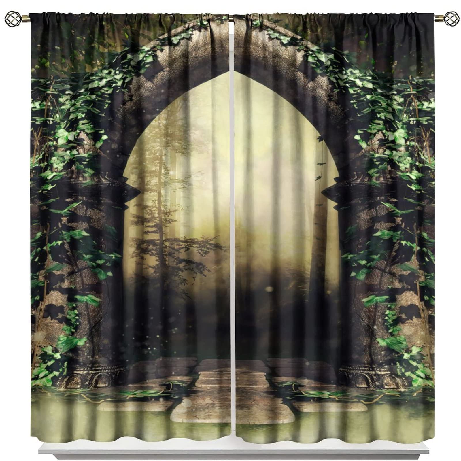 Gothic Blackout Curtains,Misty Forest Old Arch Window Door Curtains for Bedroom Living Room Bathroom Home Decor W52xL84in
