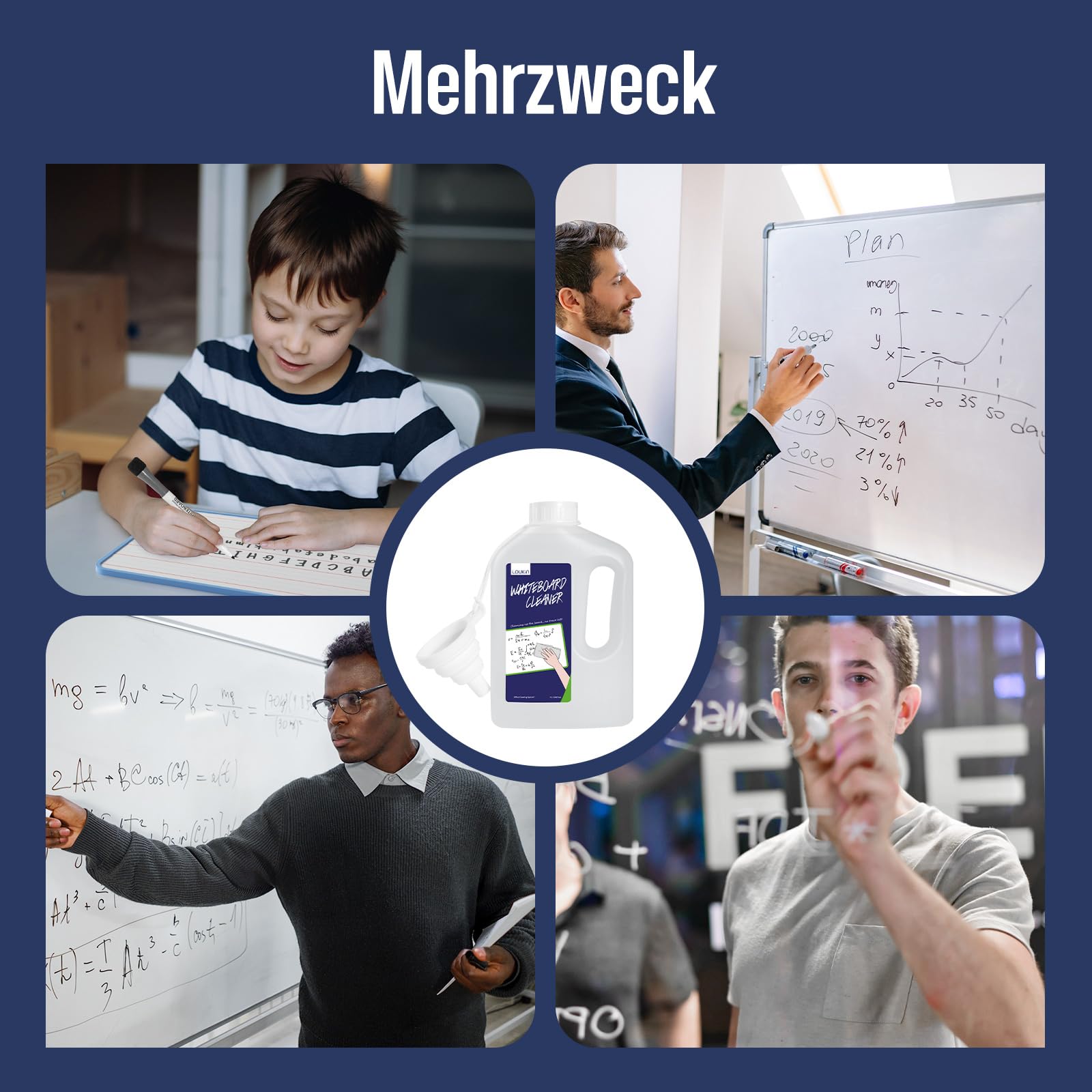 loukin Whiteboard-Reiniger 1 L Nachfüllflasche, mit faltbarem Silikontrichter, Trocken abwischbares Reinigungsspray, entfernt hartnäckige Flecken, ungiftig und geruchsarm