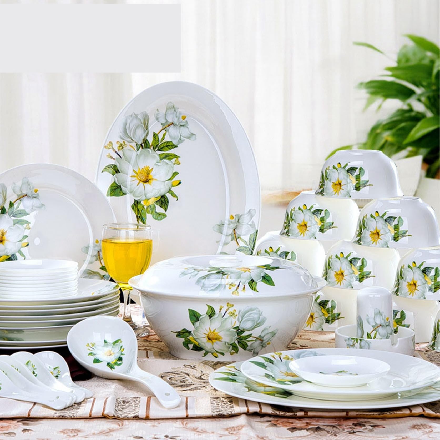 Amazon.co.jp: 陶器食器 28点セット 56点セット 花柄 裏柄 白い磁器 6  