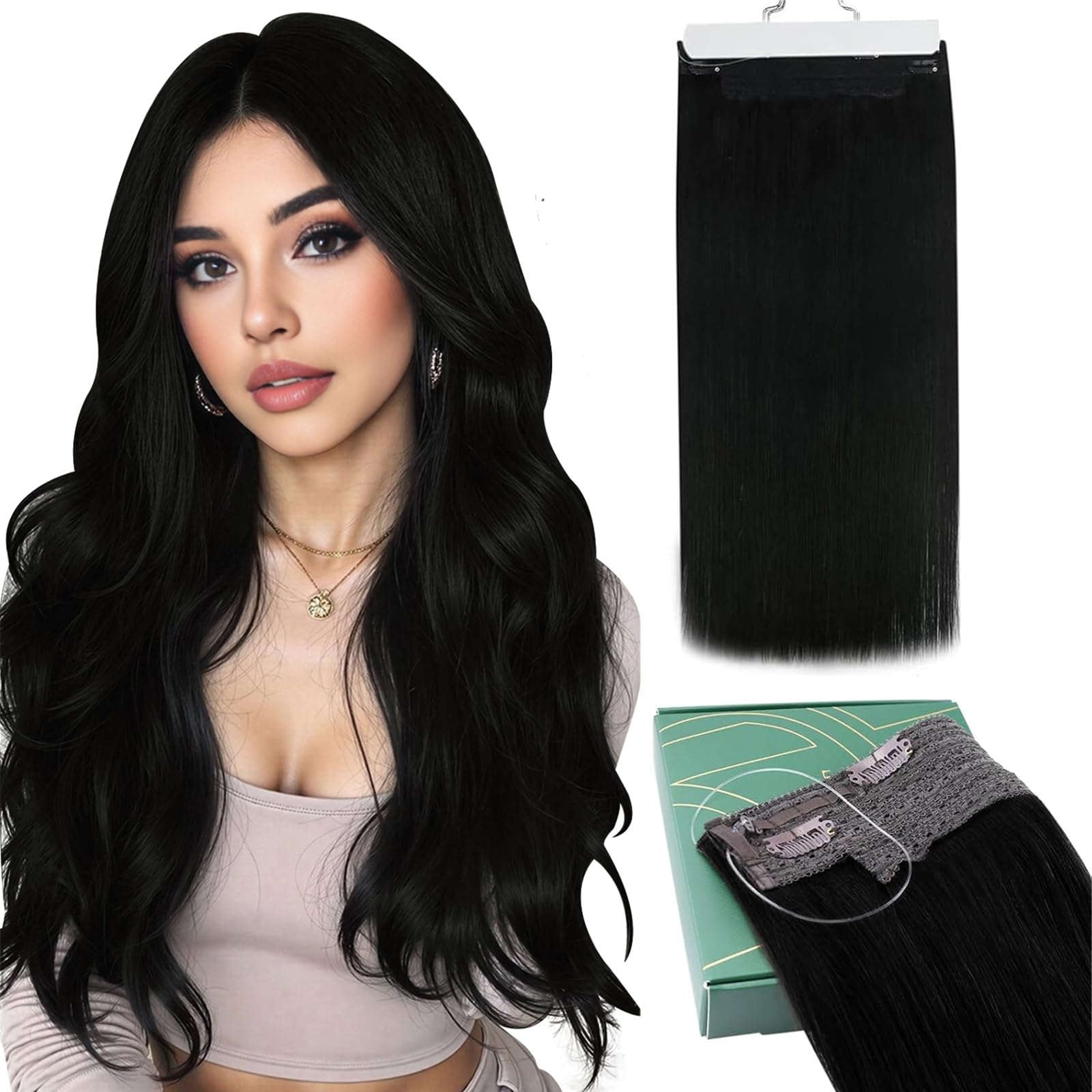 Ugeat Wire Hair Extensions Jet Black Human Hair Extensions Invisible Wire Black Wire Hair Extension Human Hair Natural Appearance 20 Inch 95g