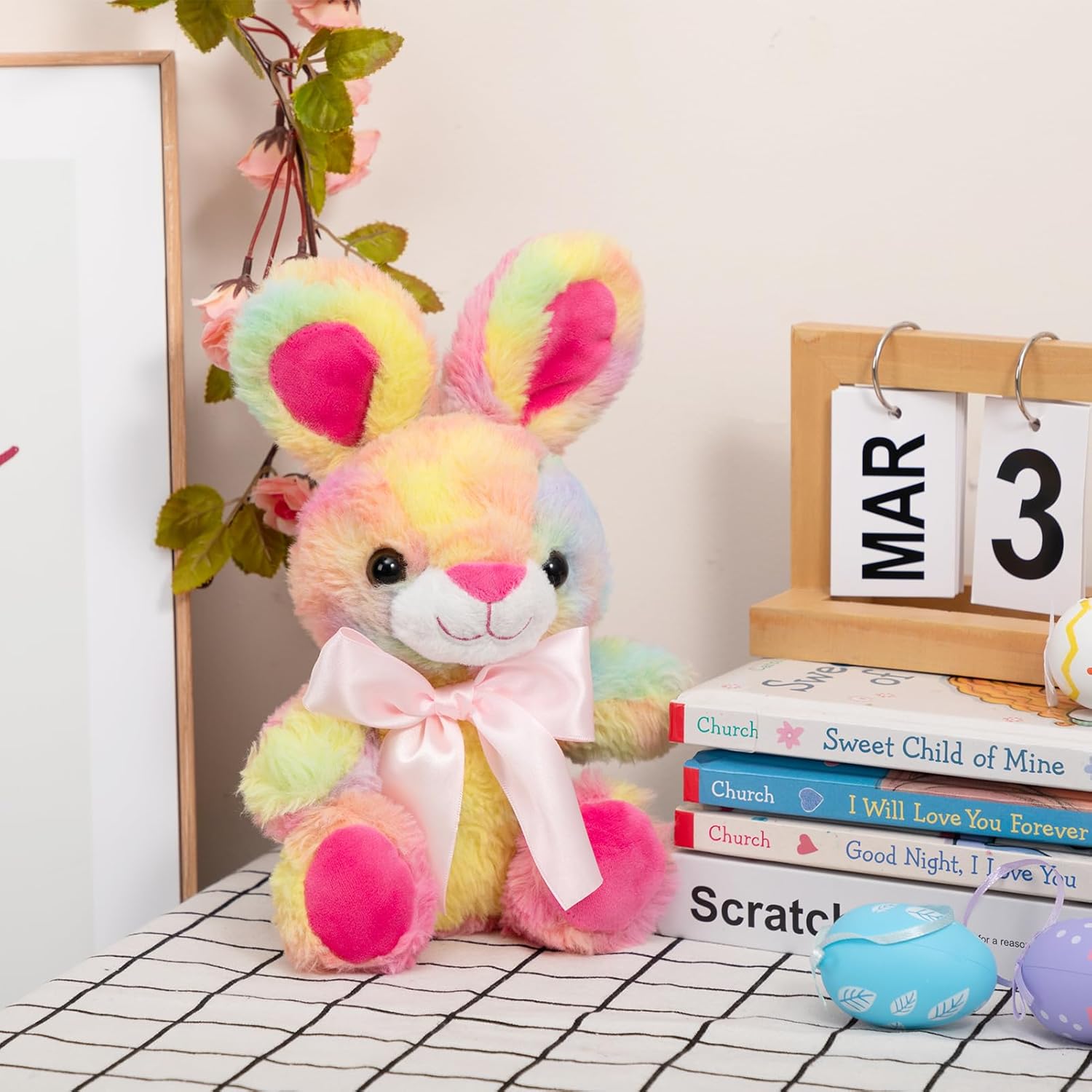 Rainbow Bunny Stuffed Animal with Big Bow Tie Cute Bunny Plush Birthday Easter Gift for Kids