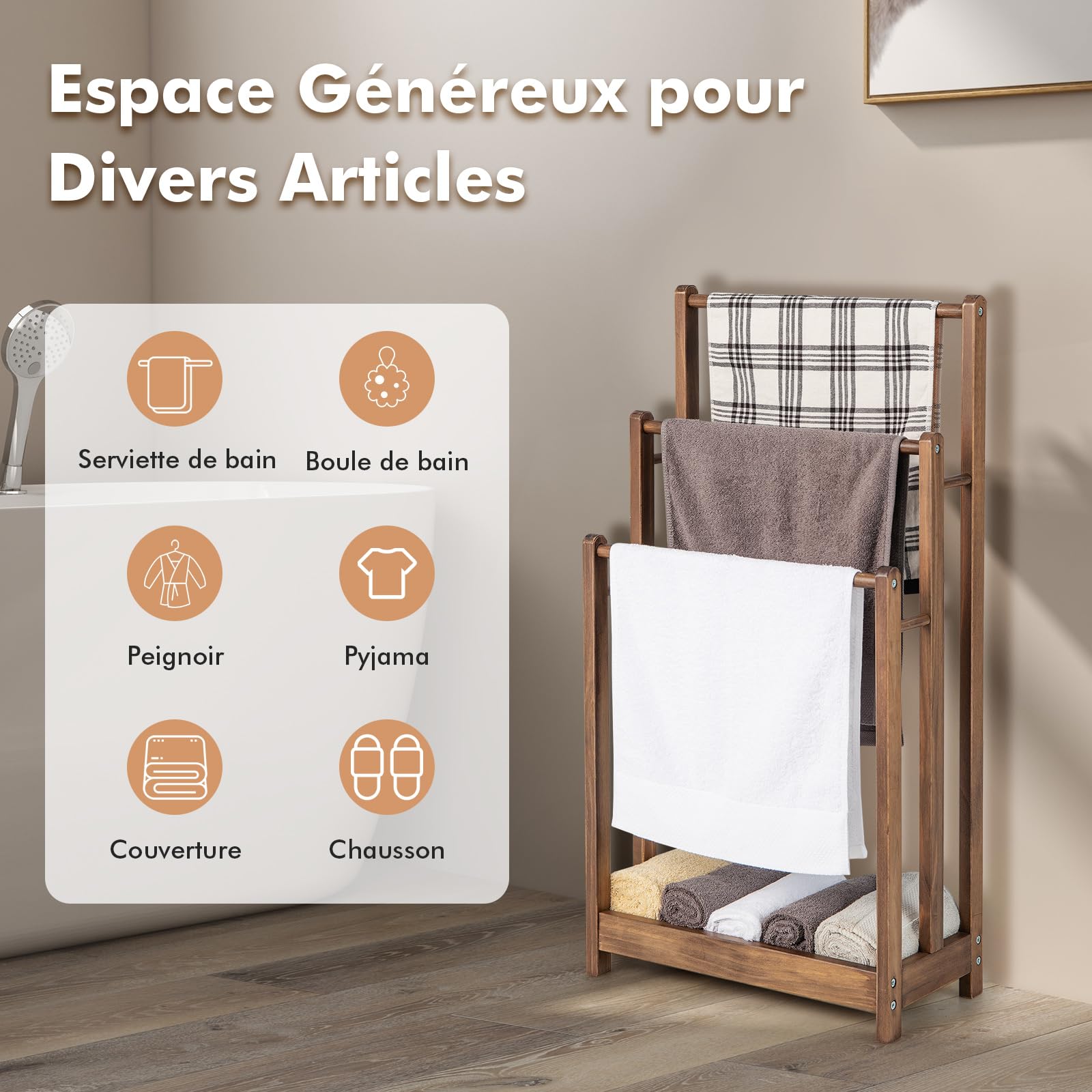 COSTWAY Porte-Serviettes sur Pied en Bois, 3 Barres et Étagère de Rangement Inférieure, Dispositif Anti-Renversement, Support Serviette pour Salle de Bain, Buanderie, 22 x 45 x 86 cm, Marron