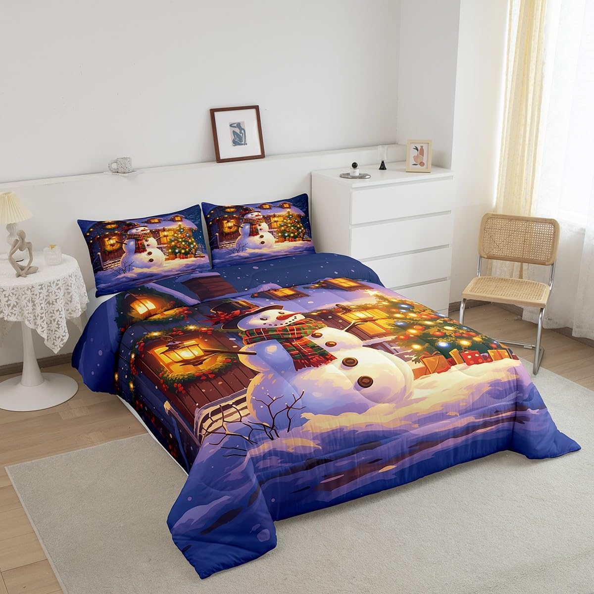 Erosebridal Kids Xmas Snowman Comforter Set Twin Size,Christmas Tree Decoration Bedding Comforter Sets Winter Theme Rustic Cabin Bedding Set,Christmas Wreath Quilt Duvet with 1 Pillow Case