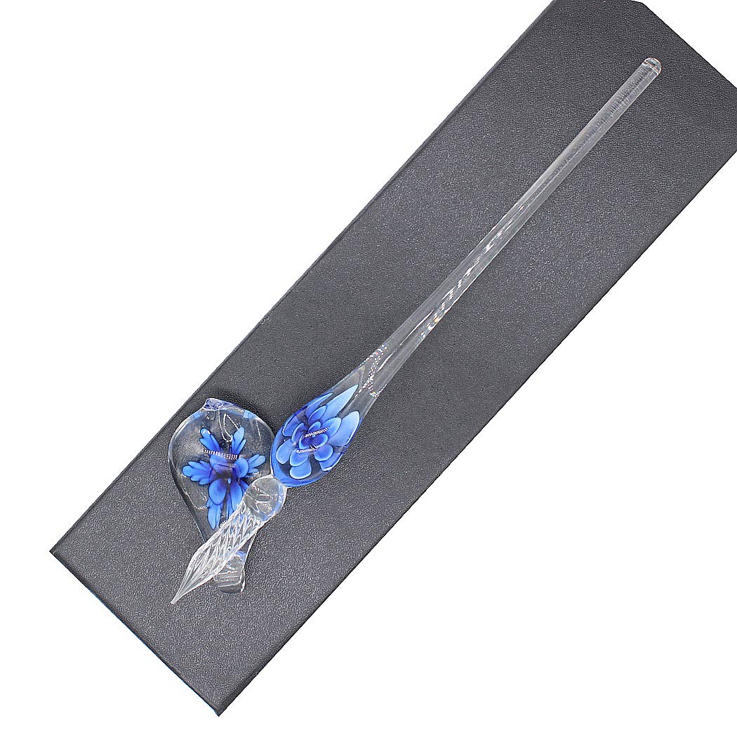 SIPLIV Handmade Crystal Glass Intarsia Dip Pen Fountain Pen Kit Vintage Calligraphy Signatures Pen with A Pen Holder, Dark Blue - Image 2