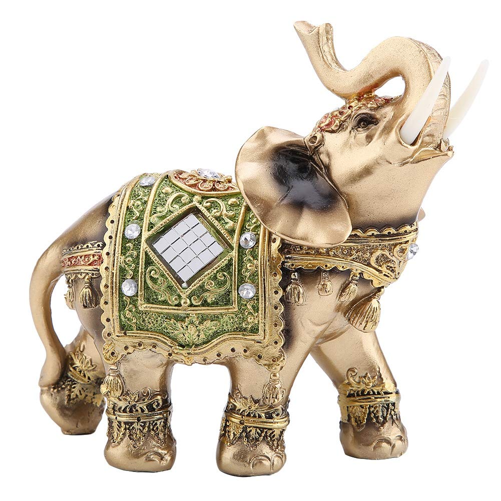 Feng Shui Brass Color Elegant Elephant Statue 5.5” (H) Thai Elephant With Trunk Facing Upwards Collectible Figurine Sculpture Decoration Statue Wealth Lucky Figurine Home Office Decor Gift Green