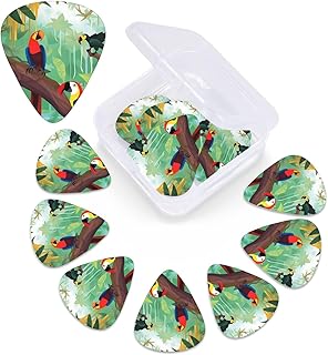 Macaw and Toucan of Rainforests Print Guitar Picks 12 Pack Guitar Plectrums with Storage Box Bass Picks For Acoustic Guitar Bass Electric Ukulele Includes 0.46mm, 0.71mm, 0.96mm
