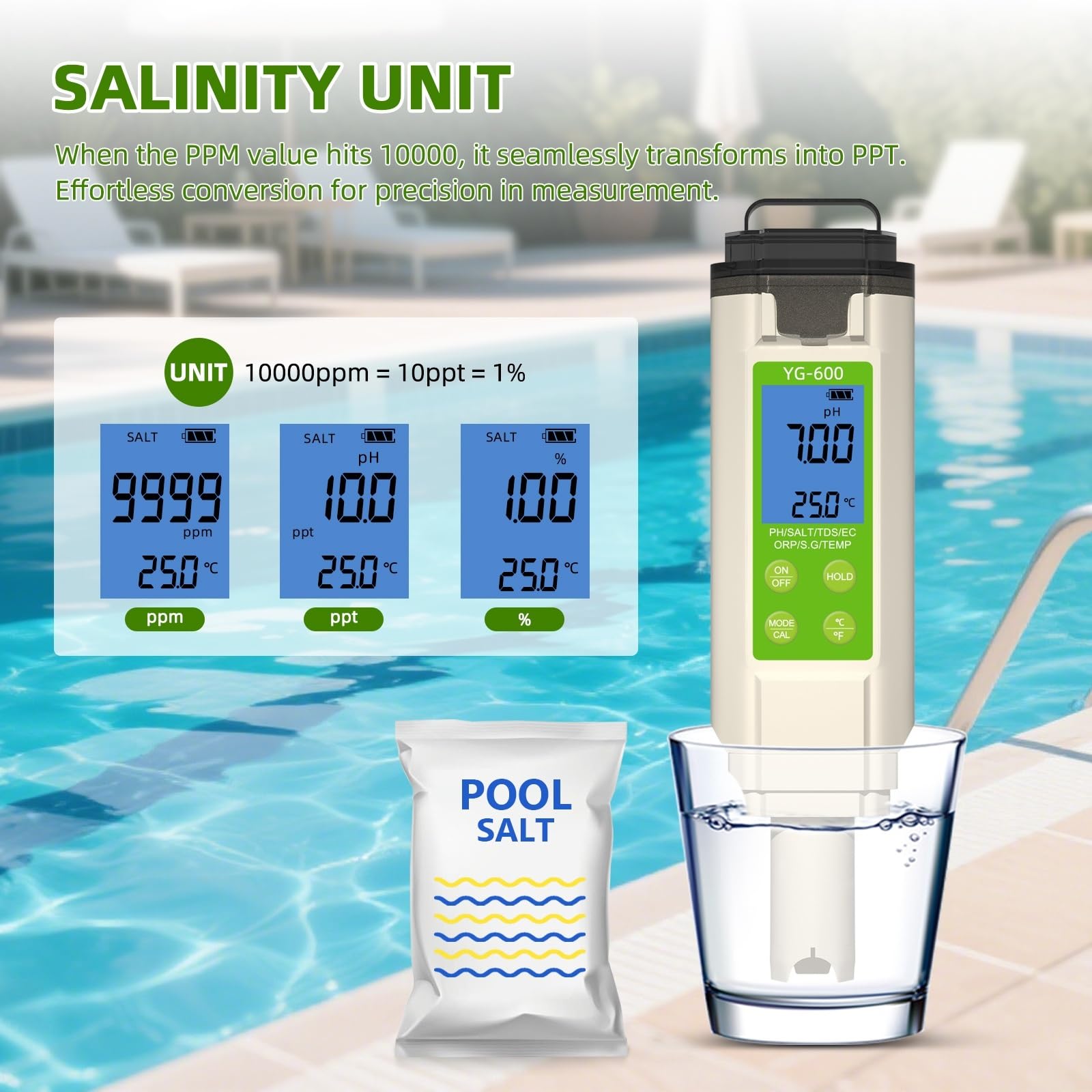 Tester dell'acqua, Tester digitale 7 in 1 for la qualità acqua, pH, salinità, temperatura, ORP, TDS, EC, risoluzione 0,01, for acquari, piscine, e acqua salata.